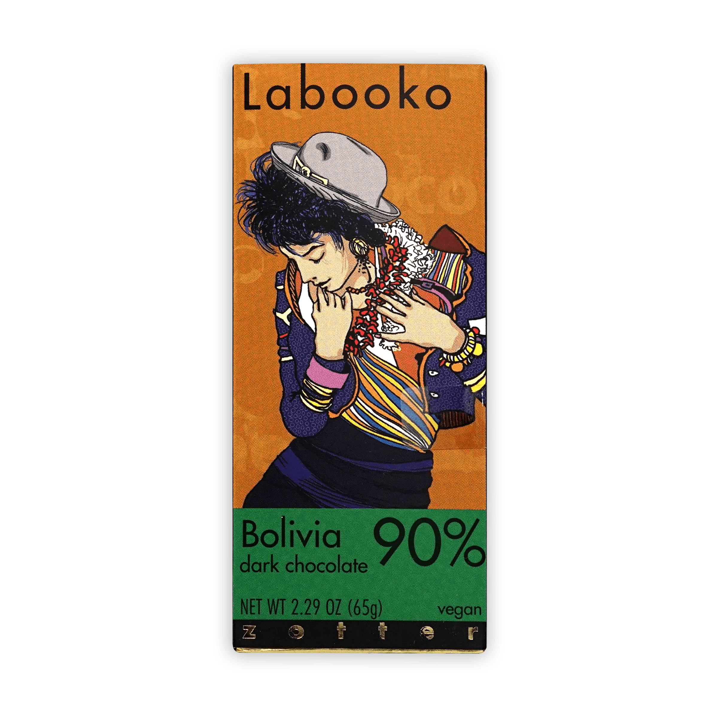 Labooko Bolivia 90% dark chocolate bar in orange green wrapper