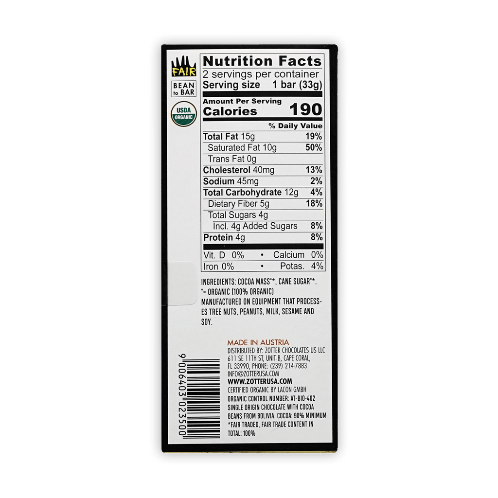 Back of Labooko Bolivia 90% chocolate bar: black and white nutrition label
