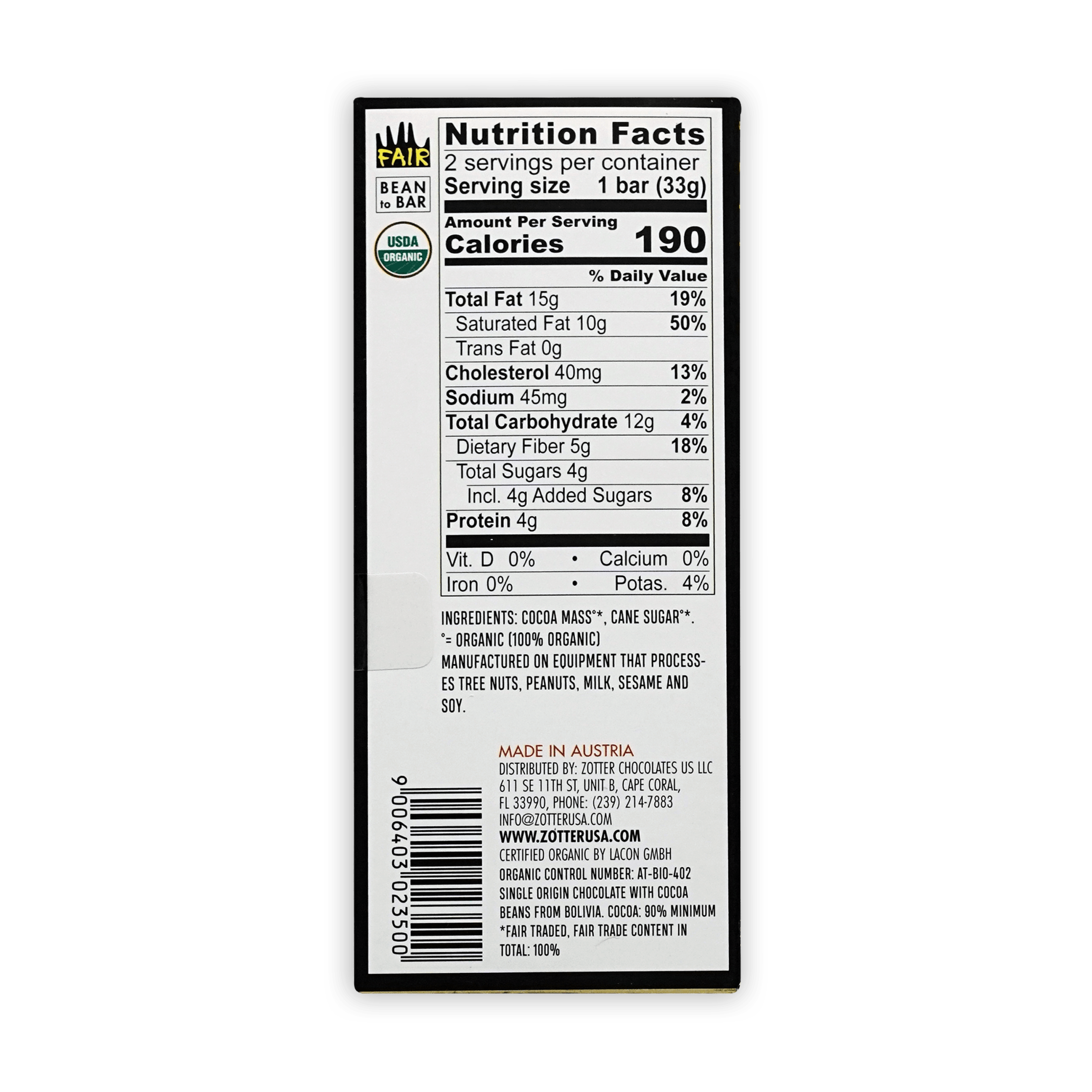 Back of Labooko Bolivia 90% chocolate bar: black and white nutrition label