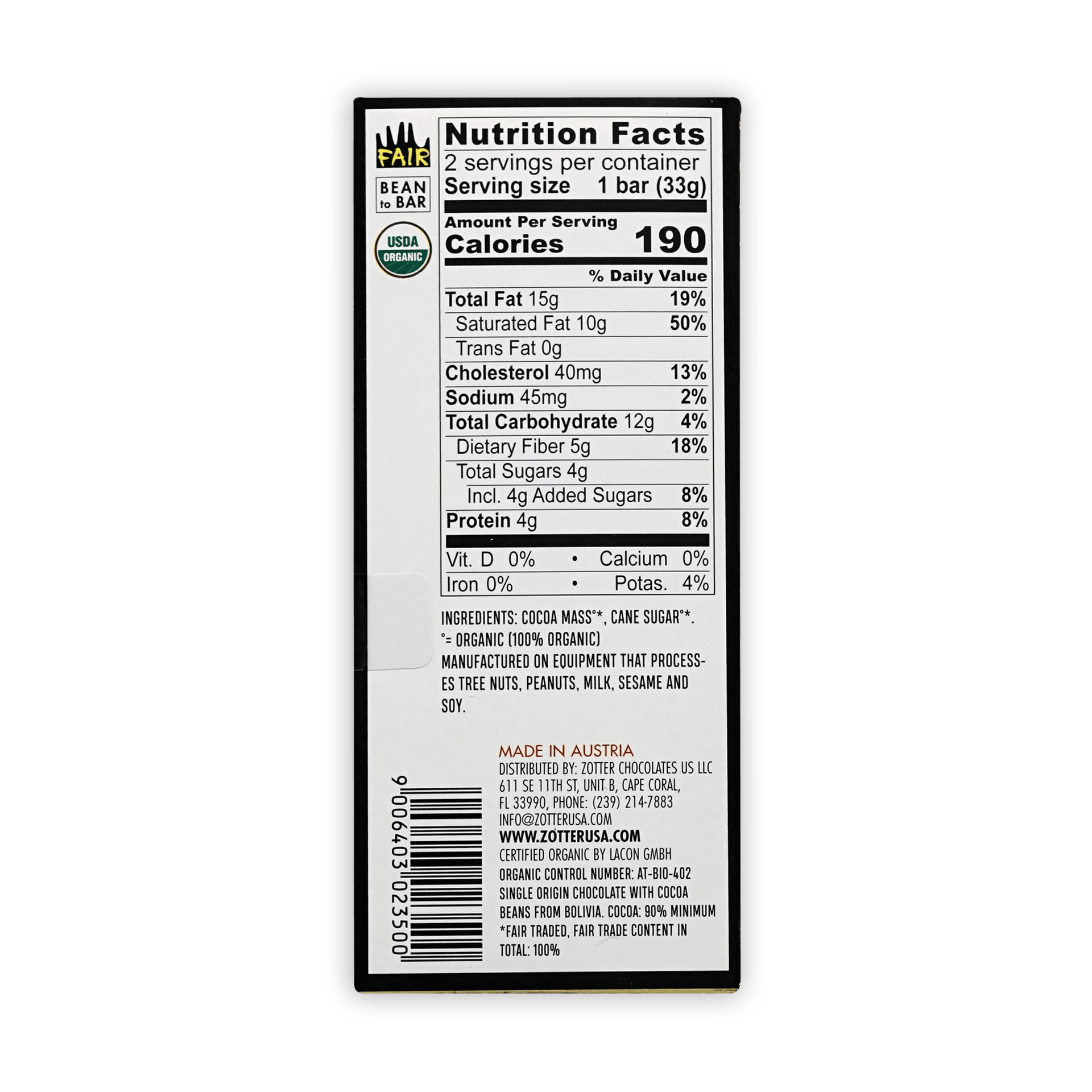 Back of Labooko Bolivia 90% chocolate bar: black and white nutrition label