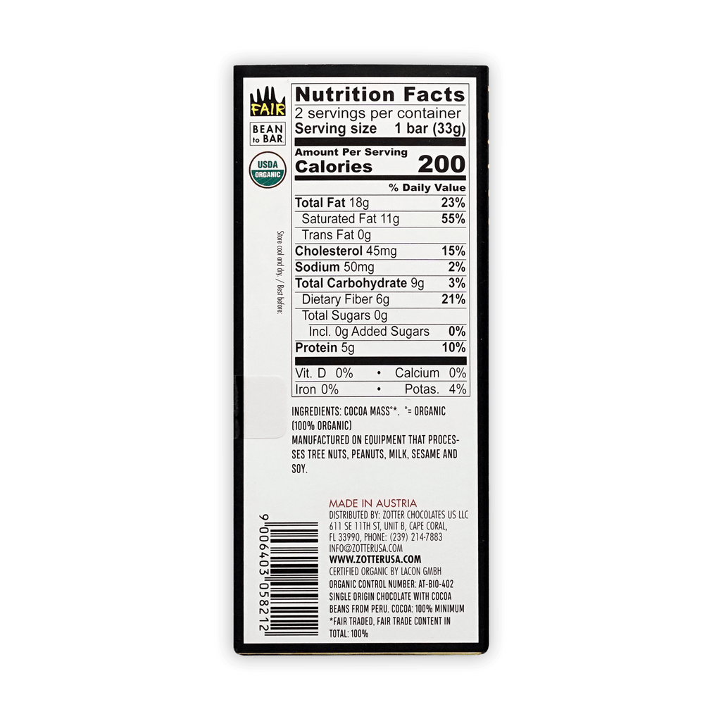 Black and white nutrition label for Zotter Labooko Maya Cacao 100% fair trade organic chocolate bar