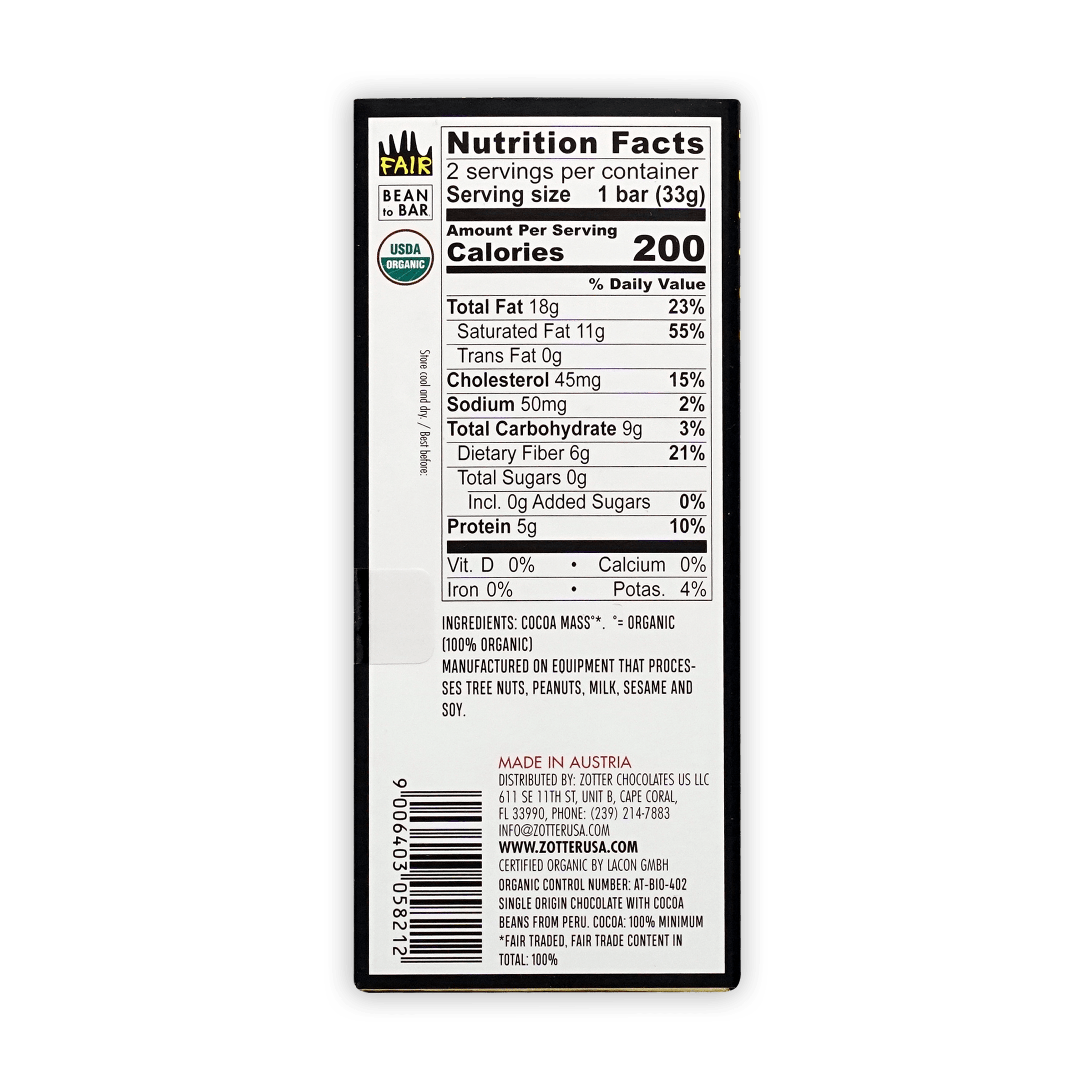 Black and white nutrition label for Zotter Labooko Maya Cacao 100% fair trade organic chocolate bar