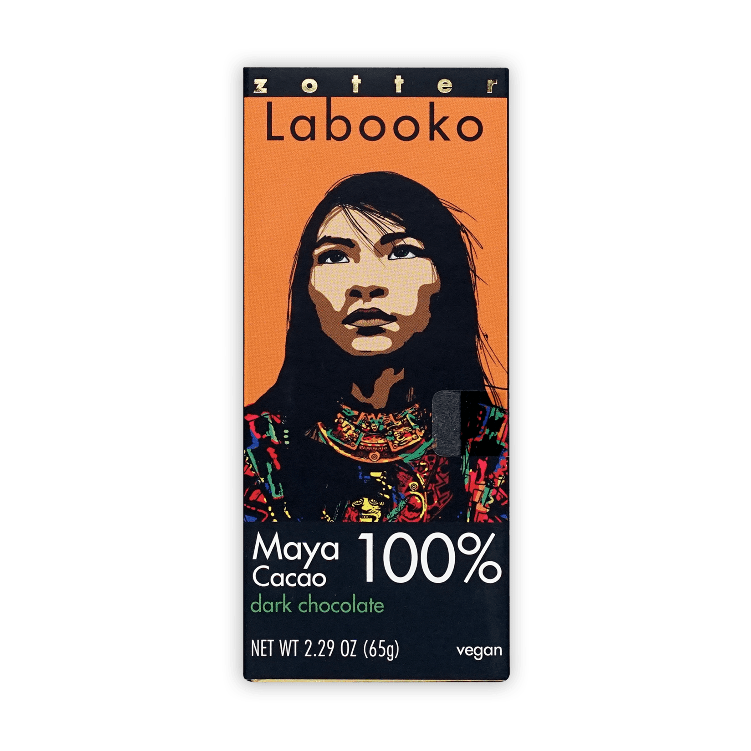 Zotter Labooko Maya 100% cacao dark chocolate bar in orange black wrapper