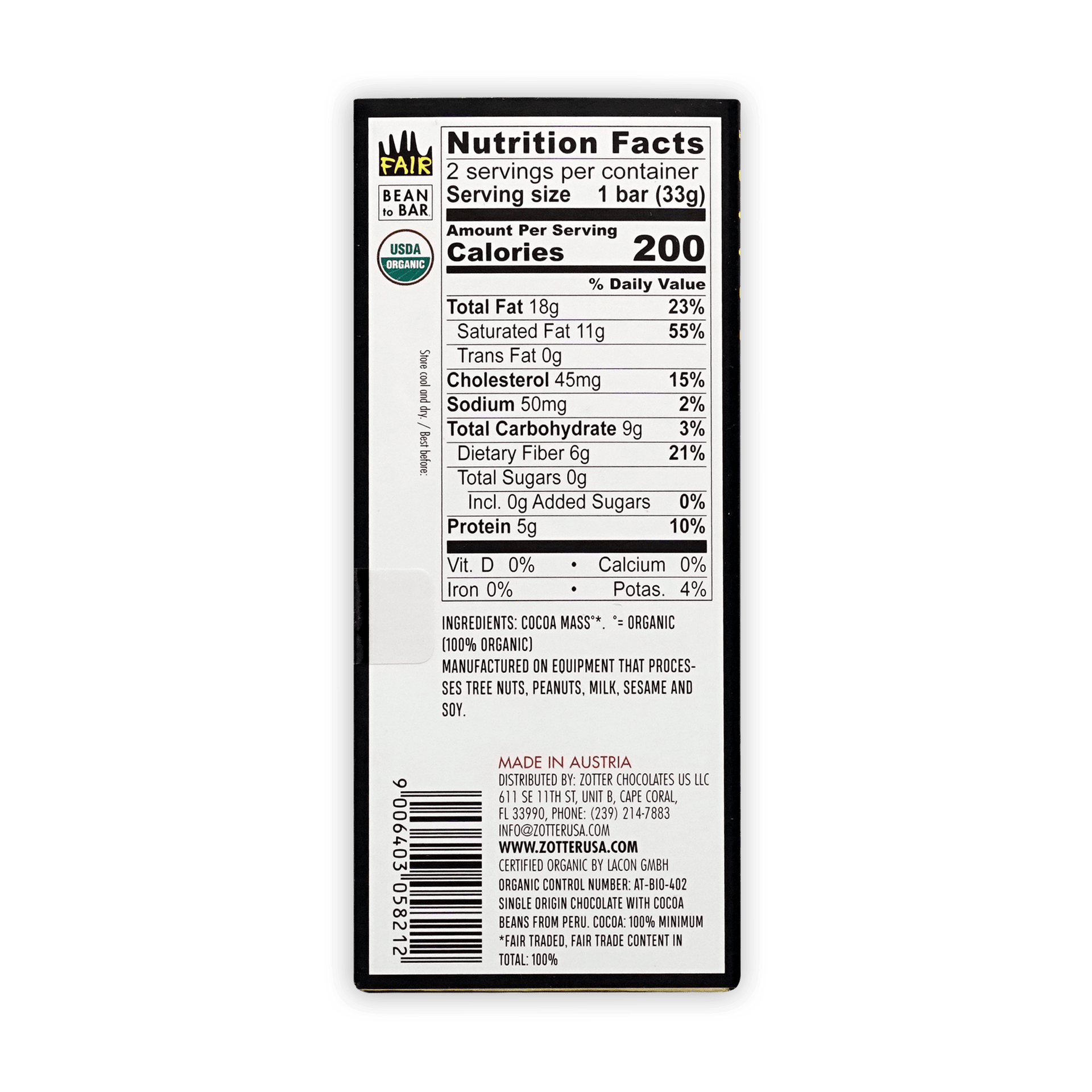 Black and white nutrition label for Zotter Labooko Maya Cacao 100% fair trade organic chocolate bar