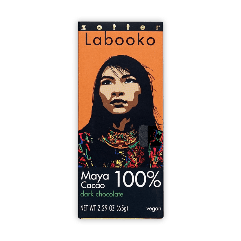 Zotter Labooko Maya 100% cacao dark chocolate bar in orange black wrapper
