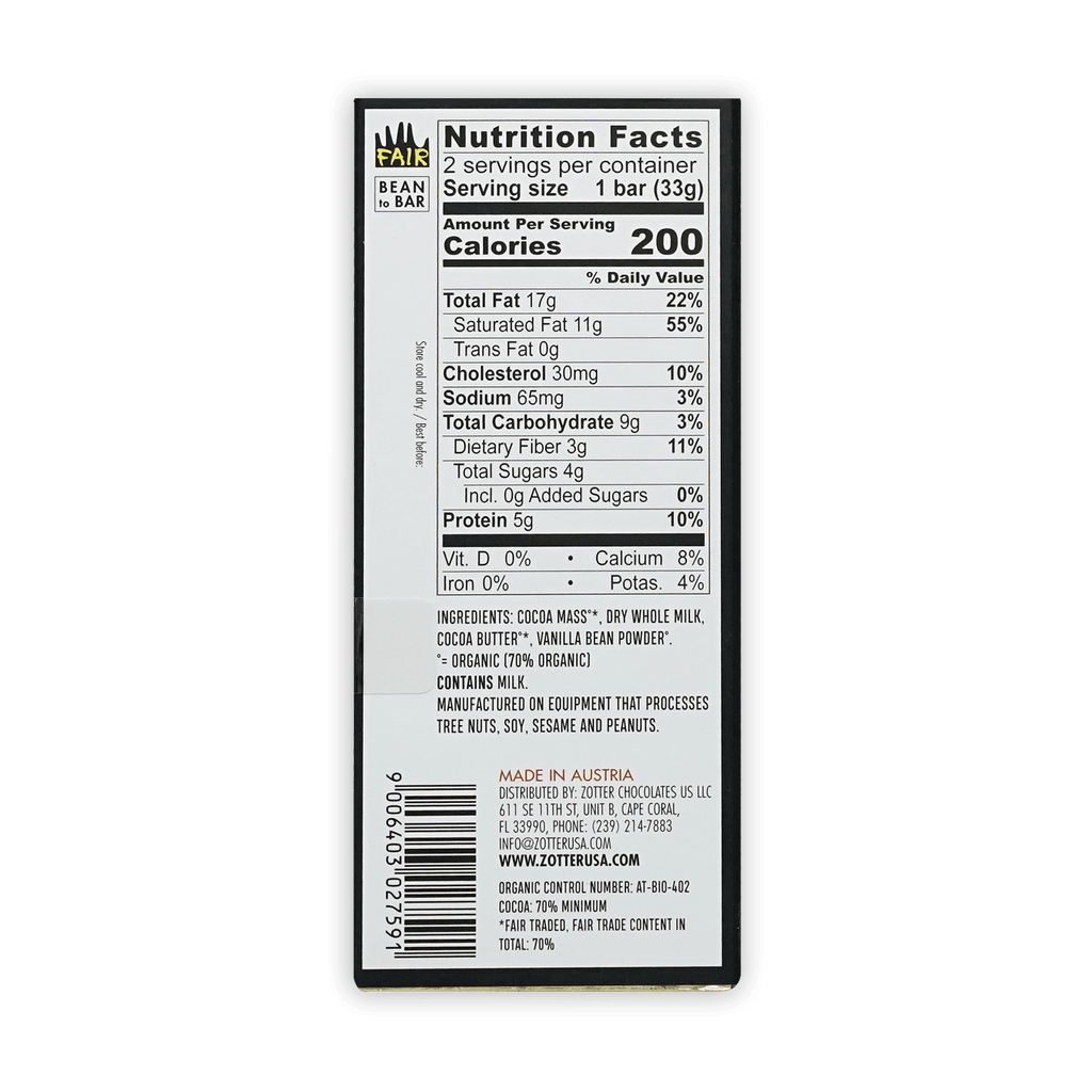 Back of Labooko Milk Dark Style 70% fair trade chocolate bar wrapper