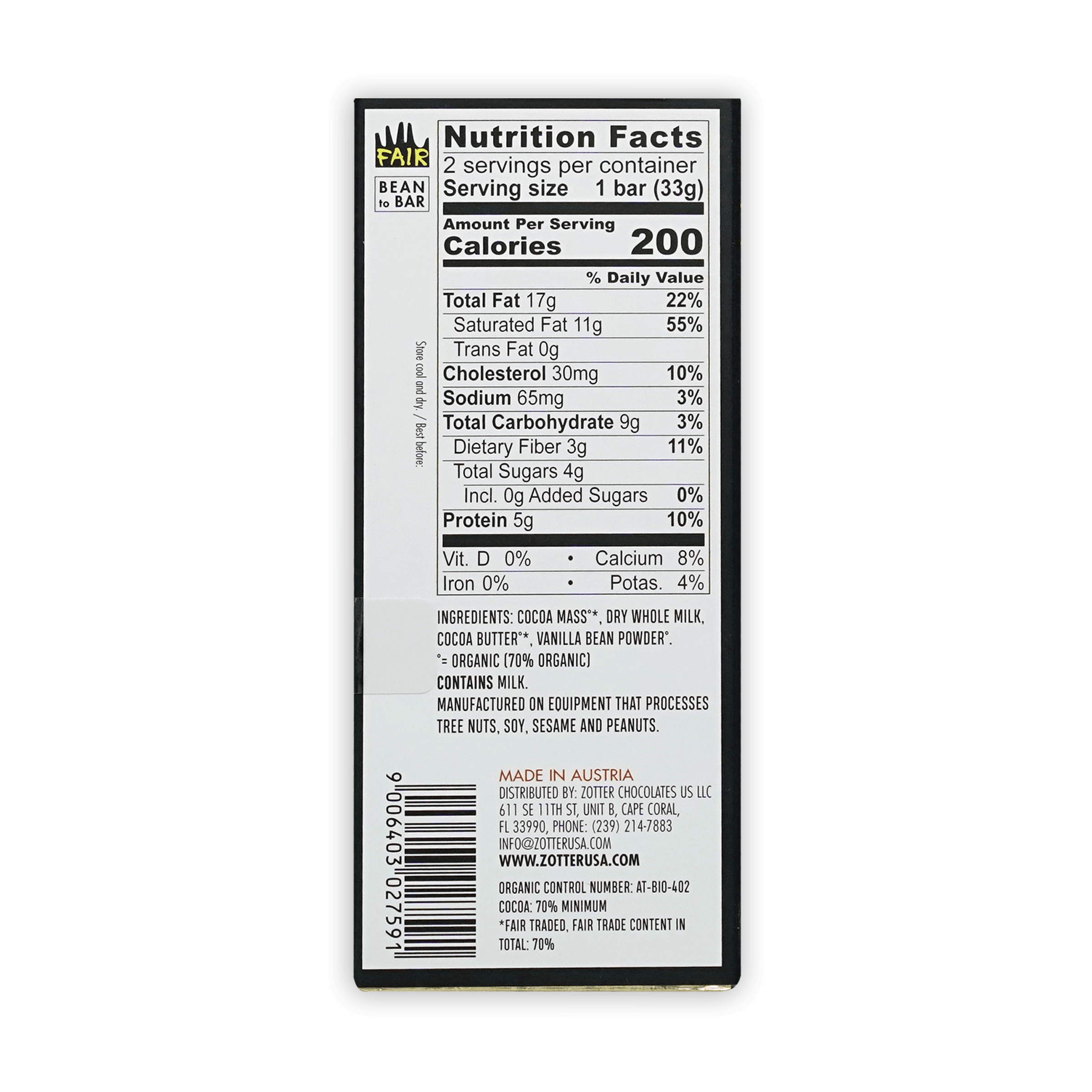 Back of Labooko Milk Dark Style 70% fair trade chocolate bar wrapper