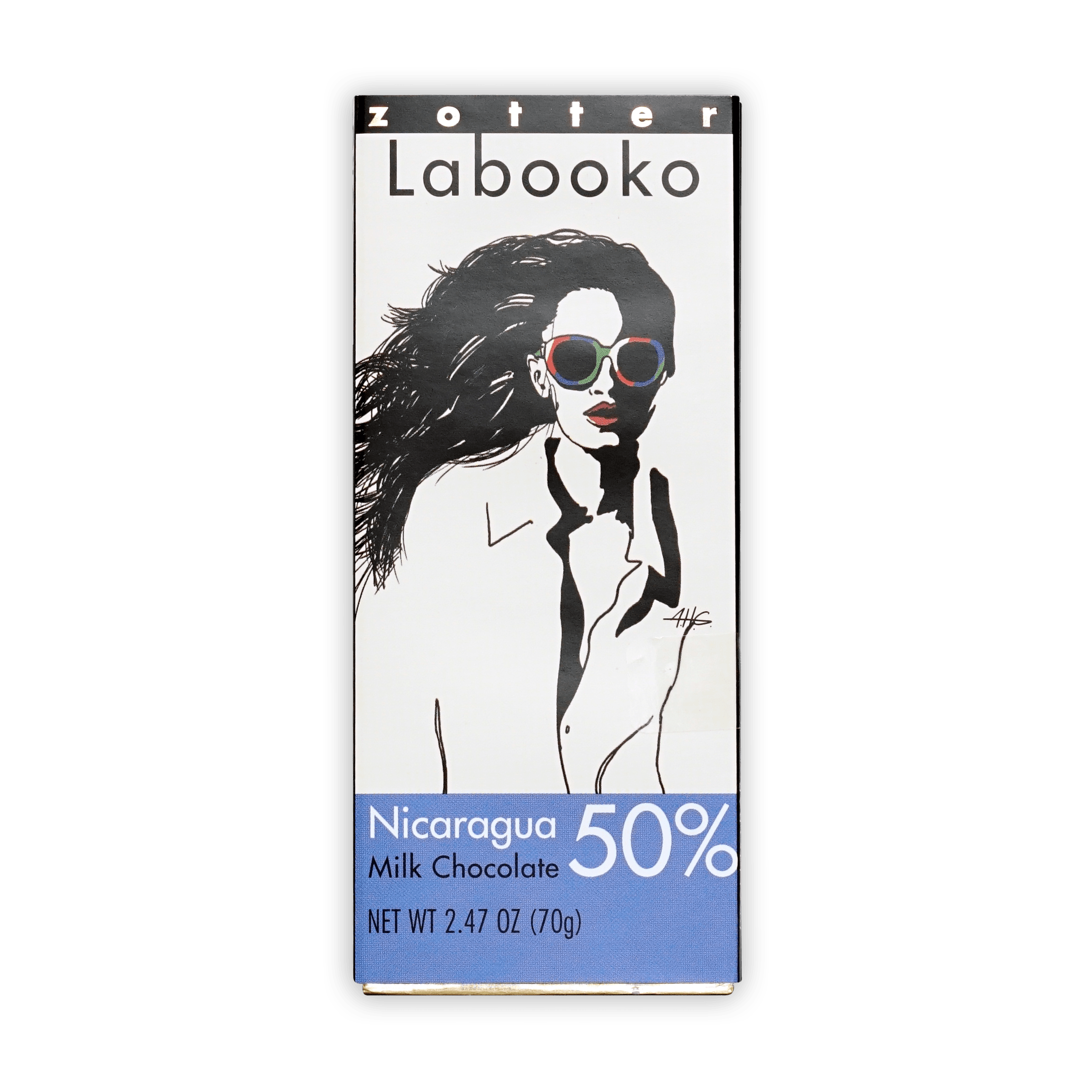 Zotter Labooko Nicaragua 50% milk chocolate bar in white blue wrapper