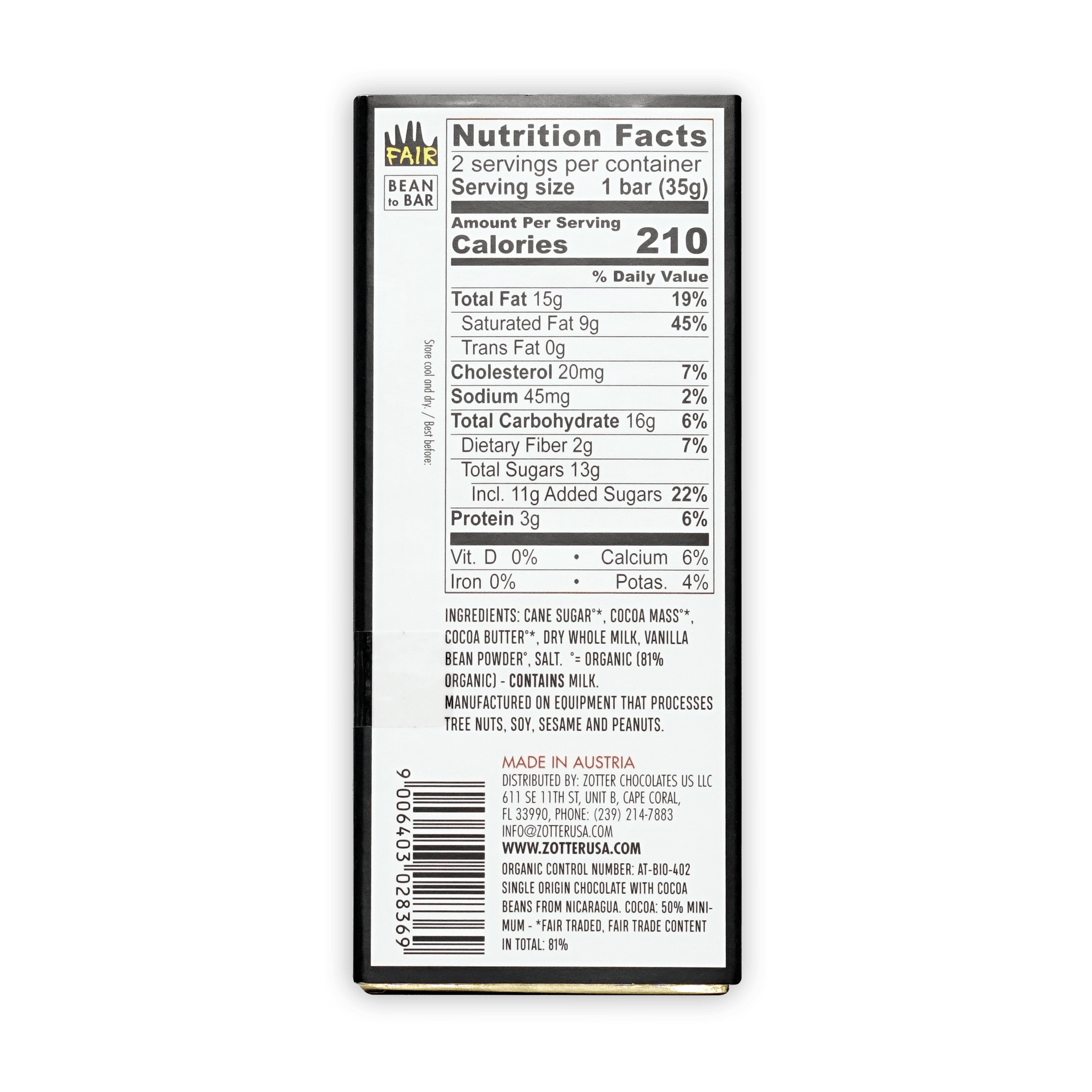 Labooko Nicaragua Milk Chocolate 50% bar, organic fair trade, Austria-made
