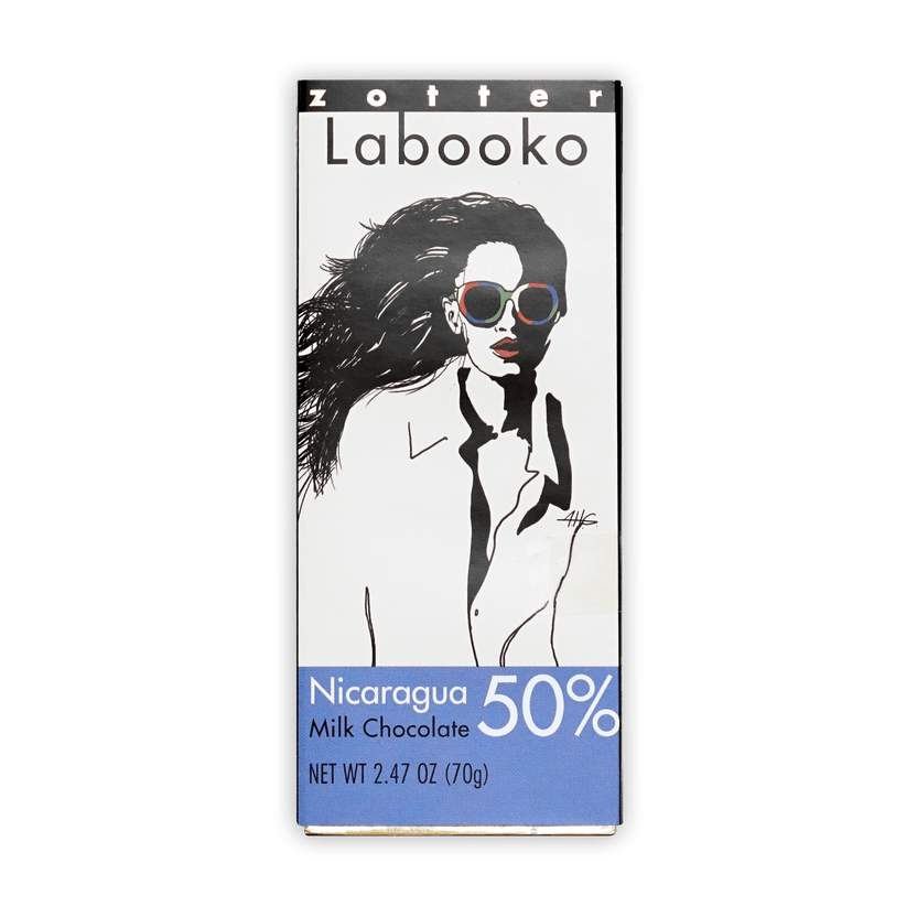 Zotter Labooko Nicaragua 50% milk chocolate bar in white blue wrapper