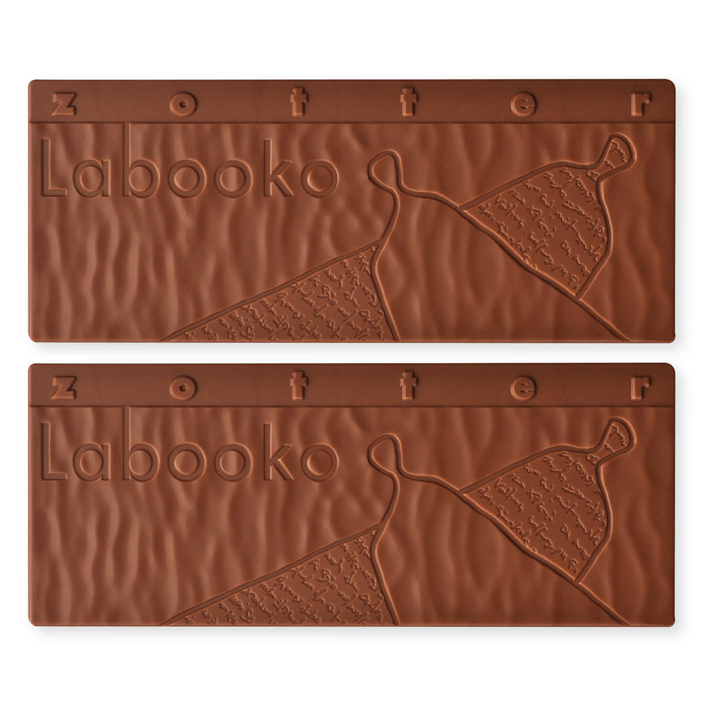 Two Labooko Nicaragua Milk Chocolate 50% bars with embossed dress design