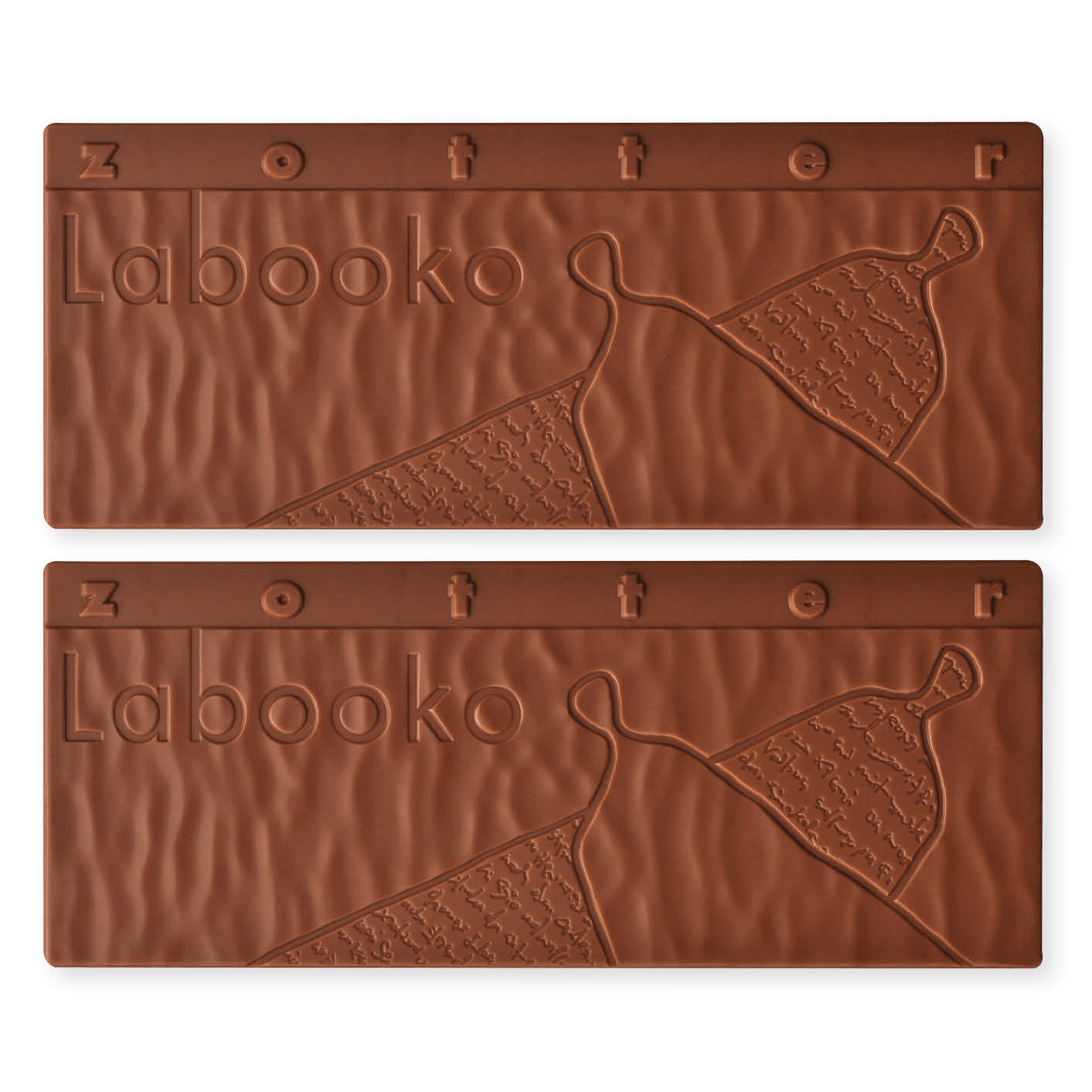 Two Labooko Nicaragua Milk Chocolate 50% bars with embossed dress design