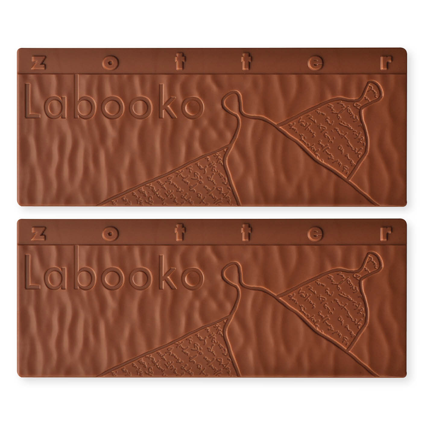 Two Labooko Nicaragua Milk Chocolate 50% bars with embossed dress design