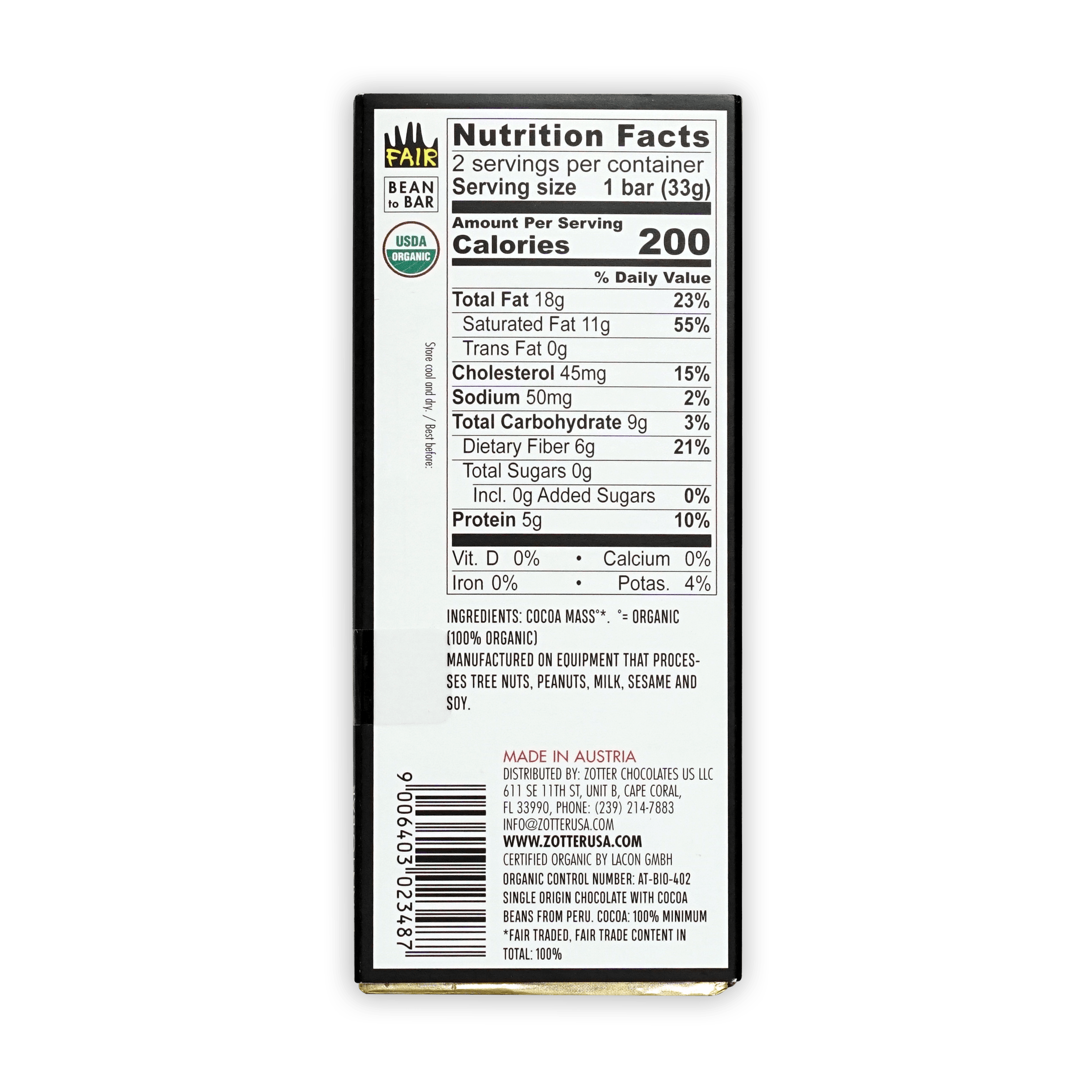 Labooko Peru 100% black rectangular chocolate bar wrapper with green organic logo