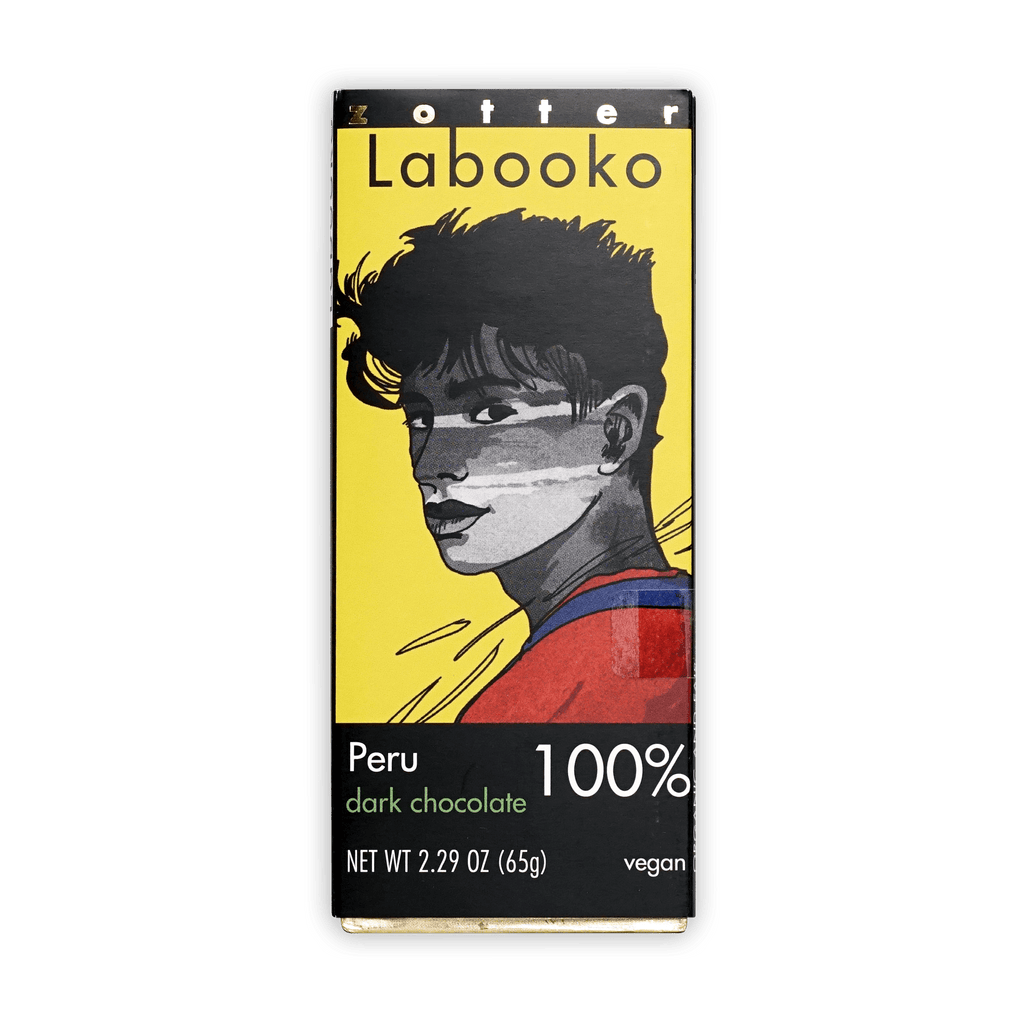 Labooko Peru 100% dark chocolate bar with vibrant yellow-black wrapper