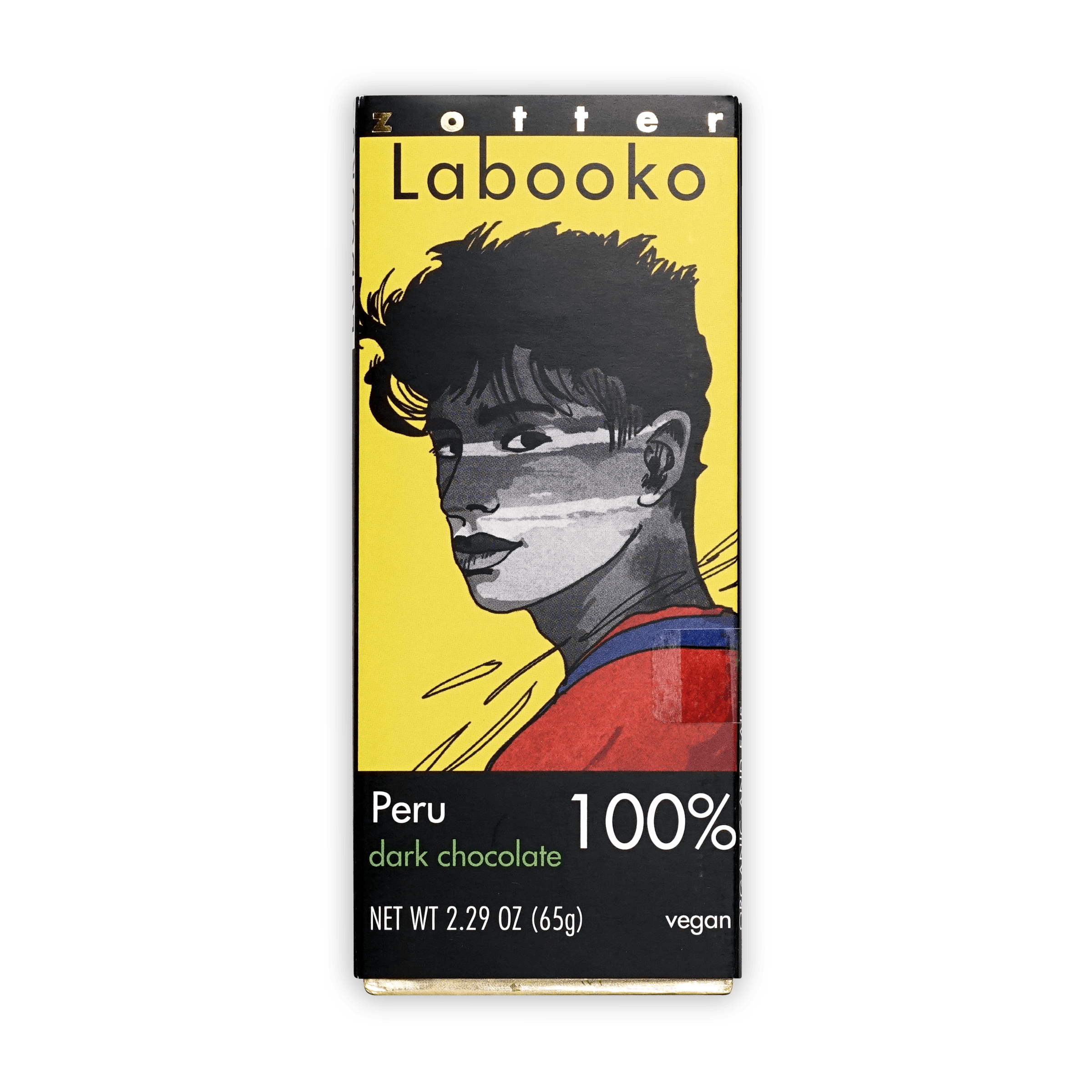 Labooko Peru 100% dark chocolate bar with vibrant yellow-black wrapper