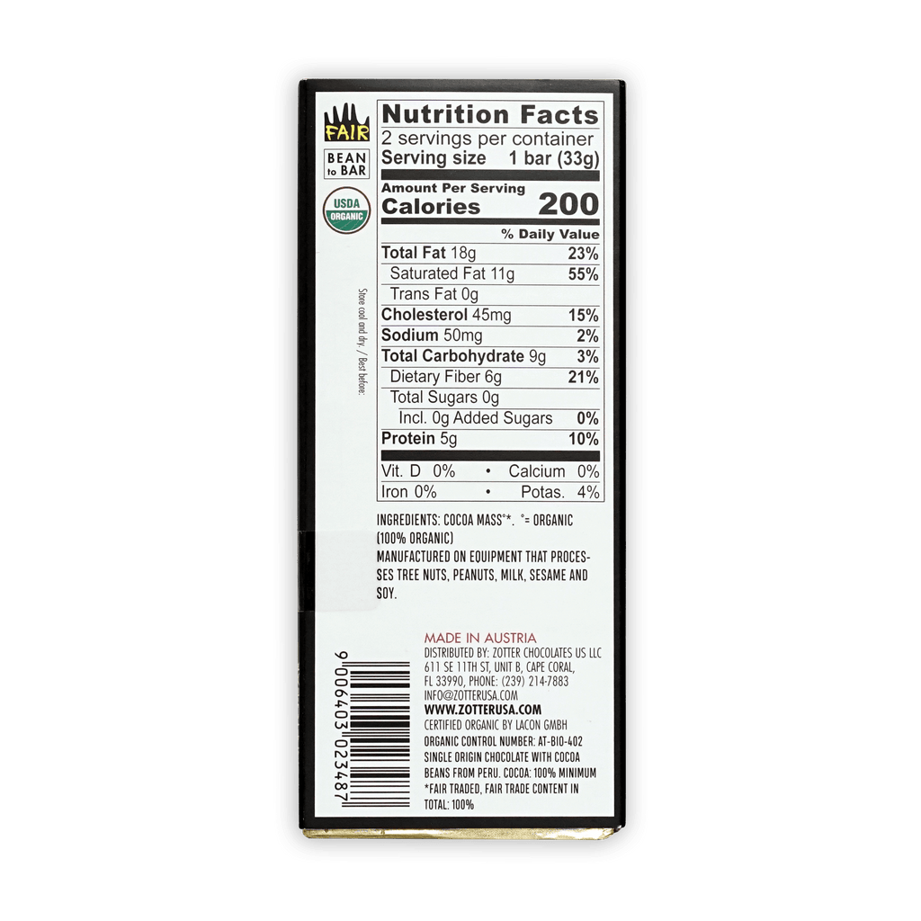 Labooko Peru 100% black rectangular chocolate bar wrapper with green organic logo