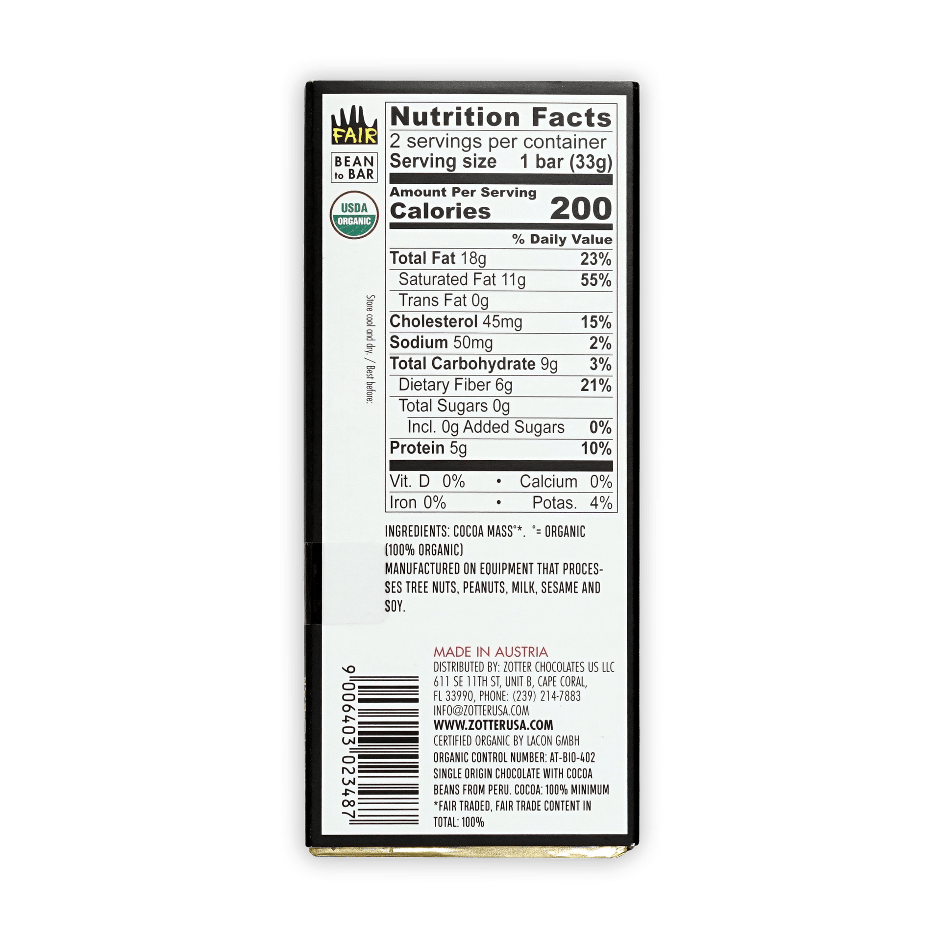 Labooko Peru 100% black rectangular chocolate bar wrapper with green organic logo