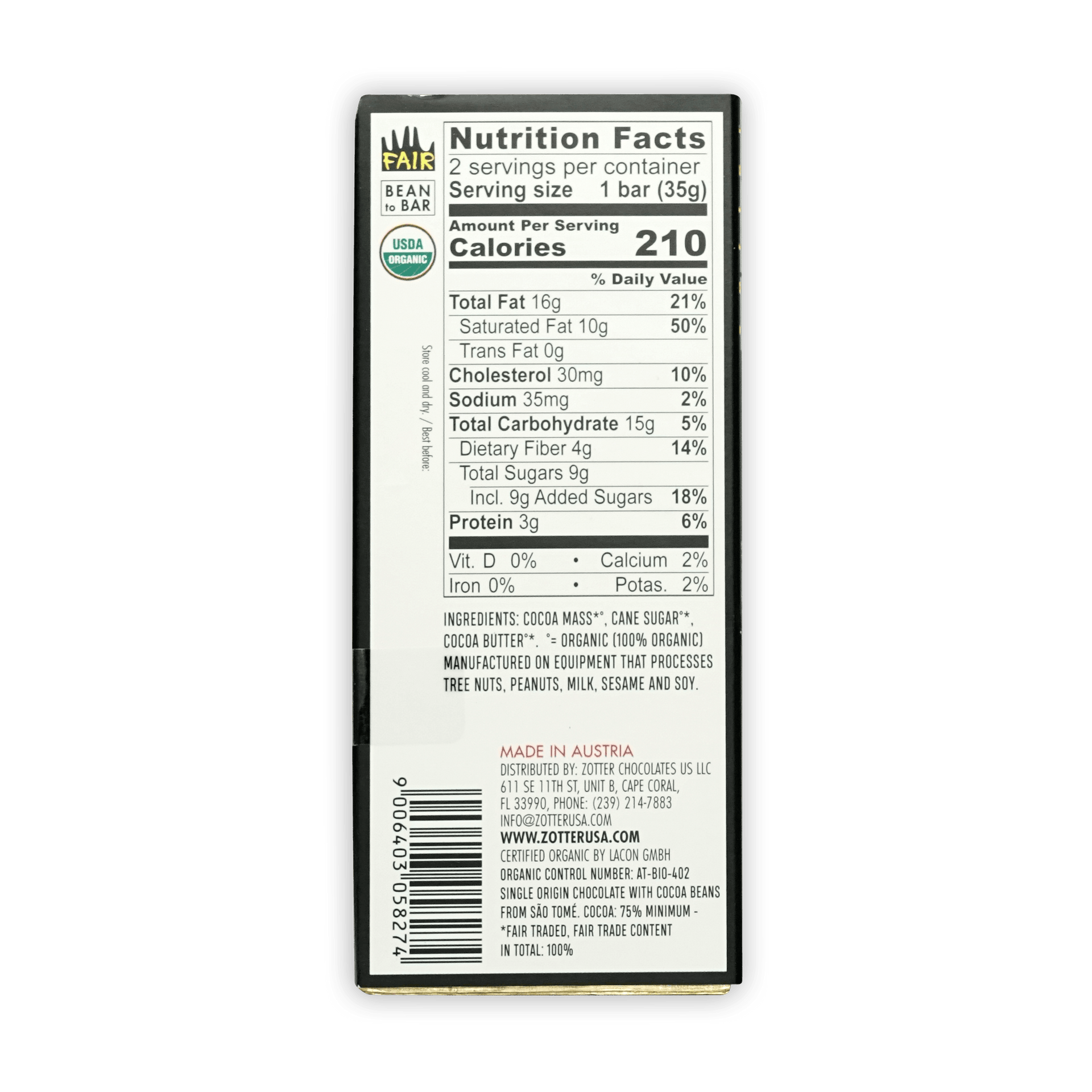 Back of Labooko Sao Tome 75% fair trade organic chocolate bar wrapper