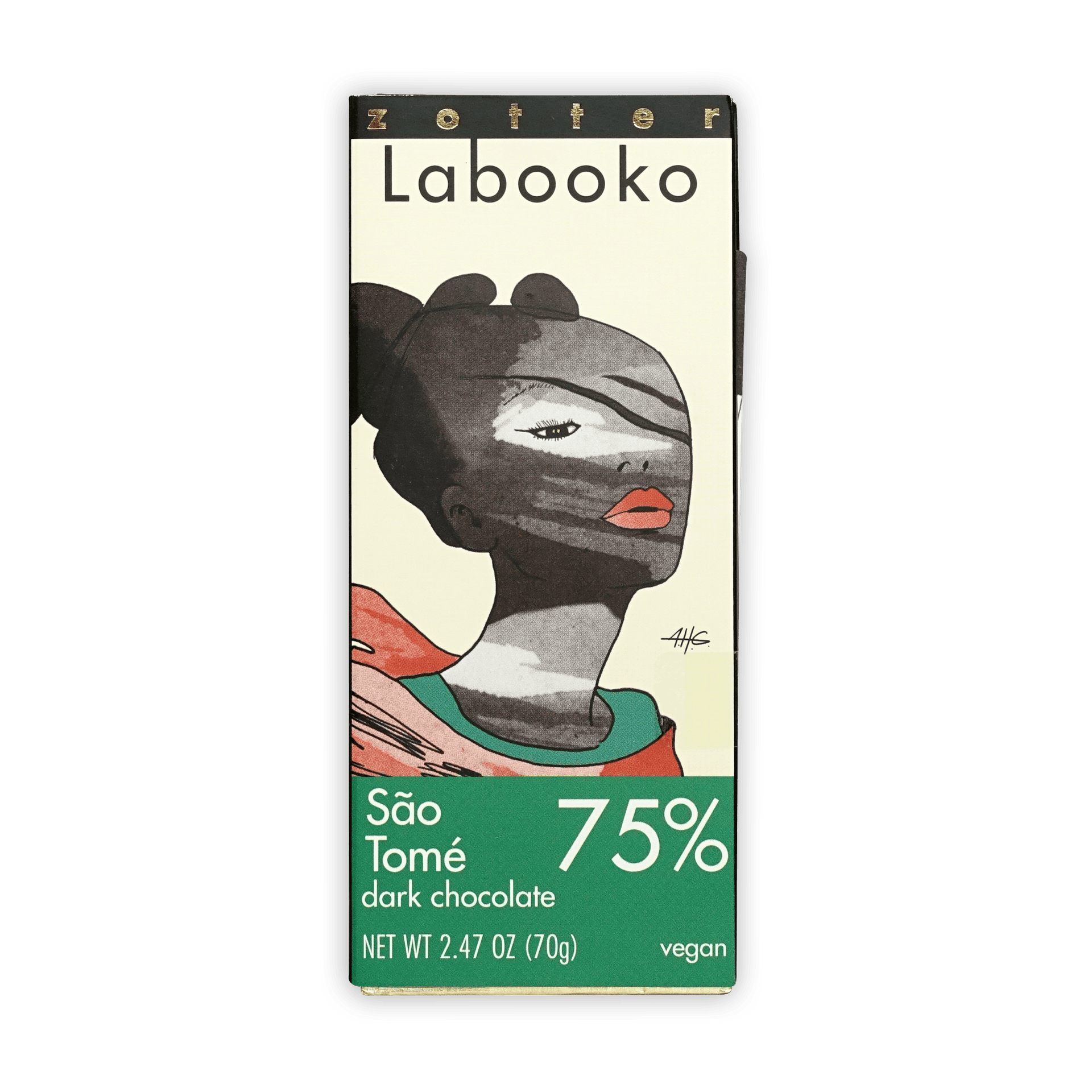 Labooko Sao Tome 75% dark chocolate bar in sleek packaging
