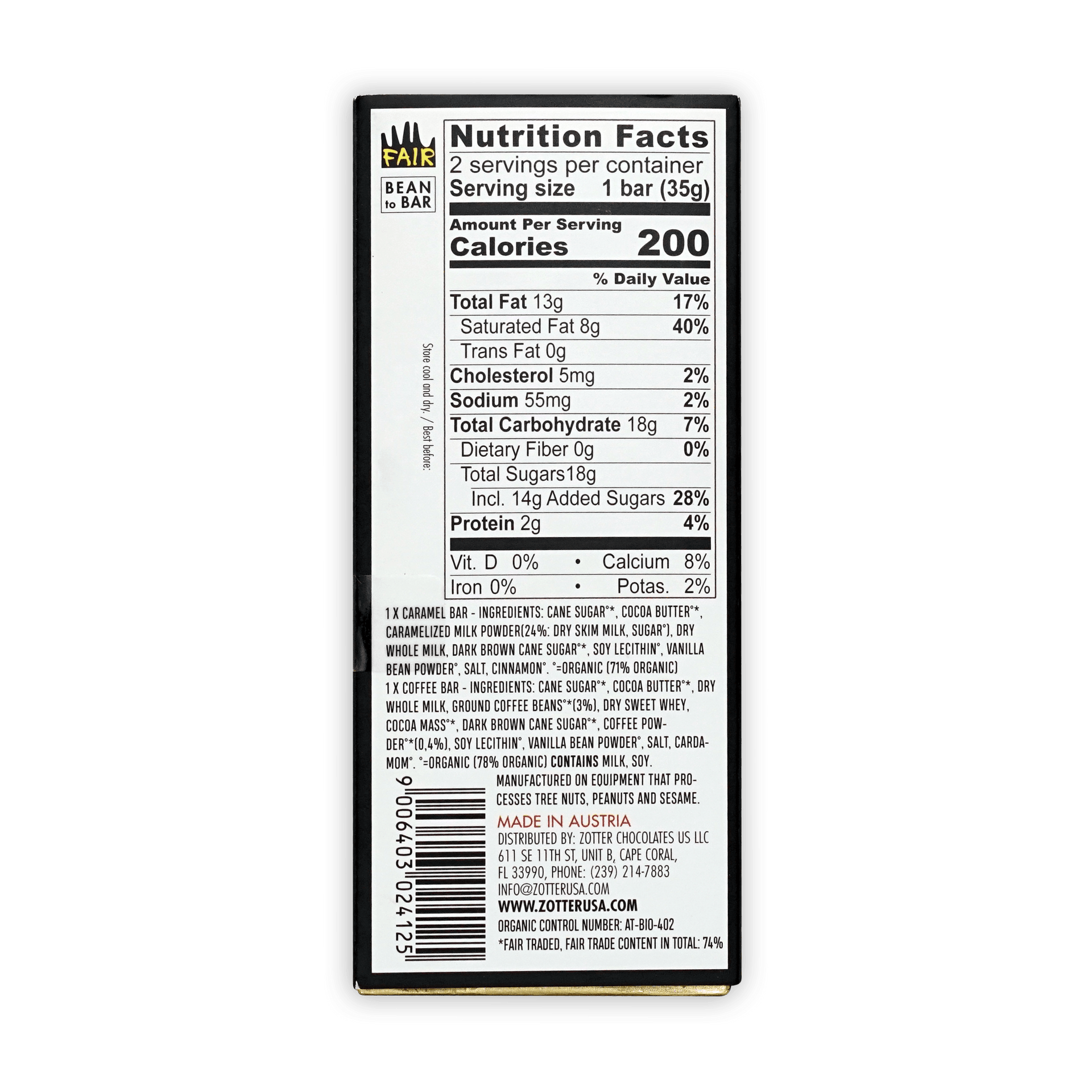 Black and white nutrition label on back of Labooko Thank You Chocolate Caramel and Coffee fair trade wrapper
