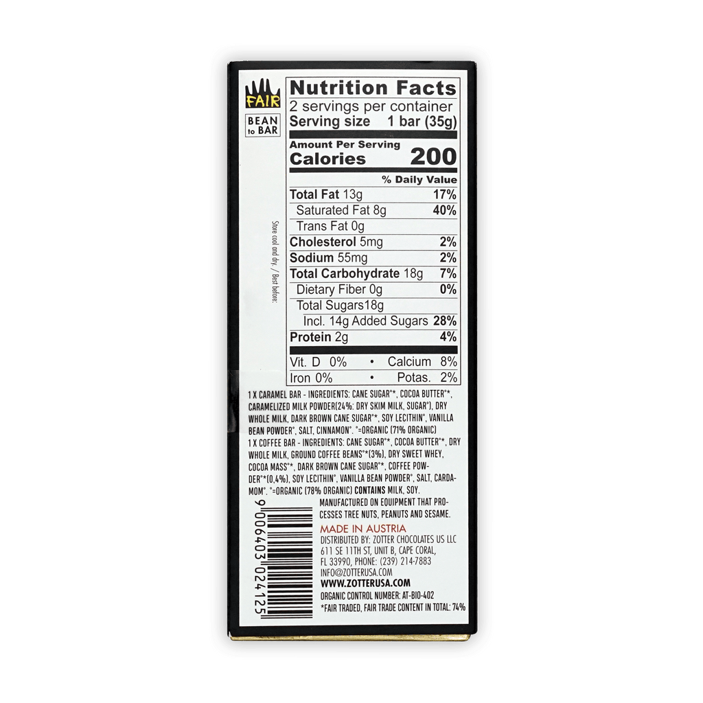 Black and white nutrition label on back of Labooko Thank You Chocolate Caramel and Coffee fair trade wrapper