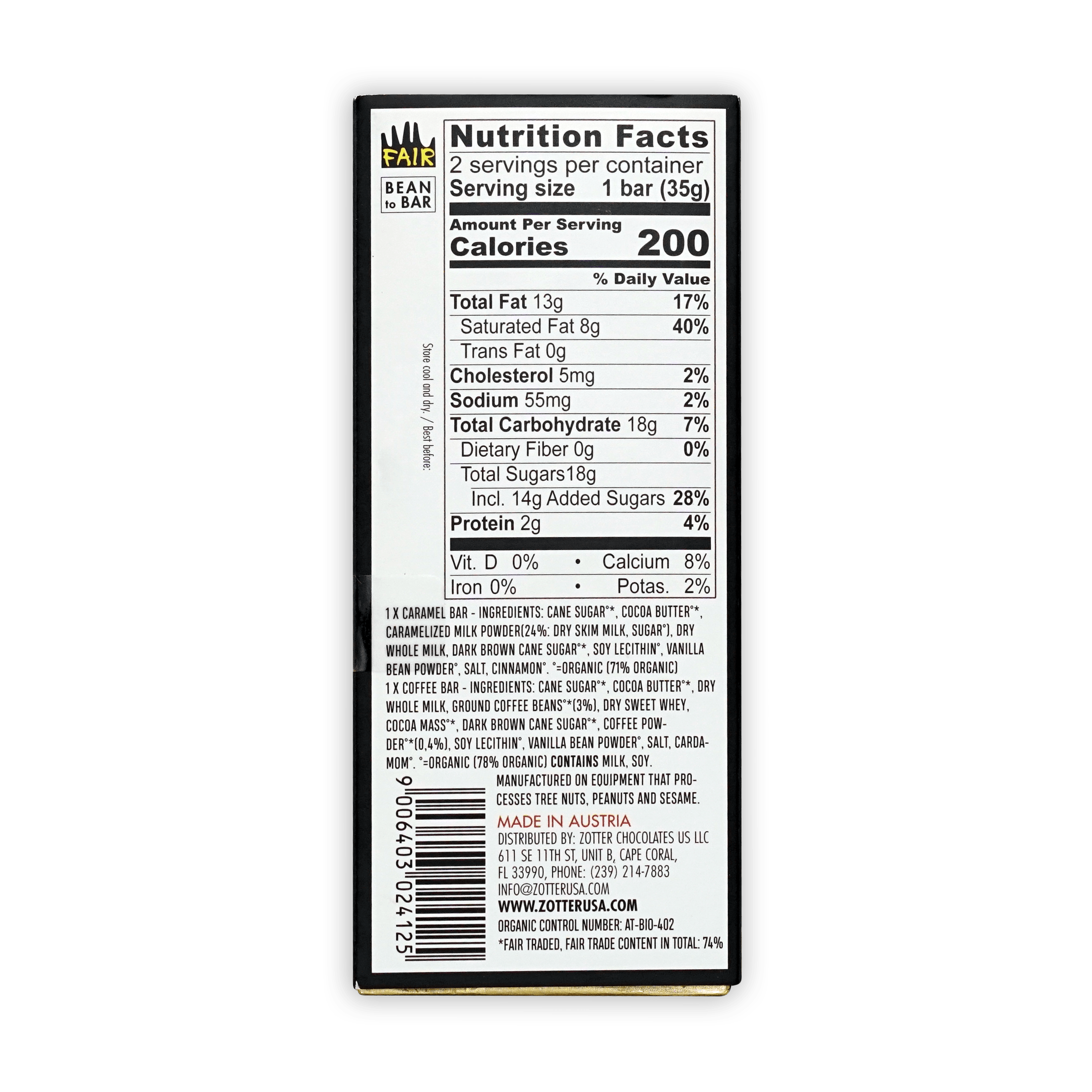Black and white nutrition label on back of Labooko Thank You Chocolate Caramel and Coffee fair trade wrapper
