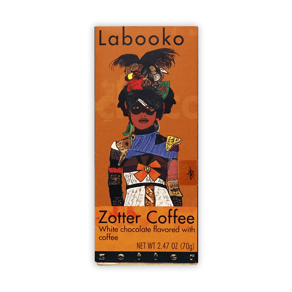 Labooko Zotter Coffee White Chocolate Bar with illustrated woman on orange packaging