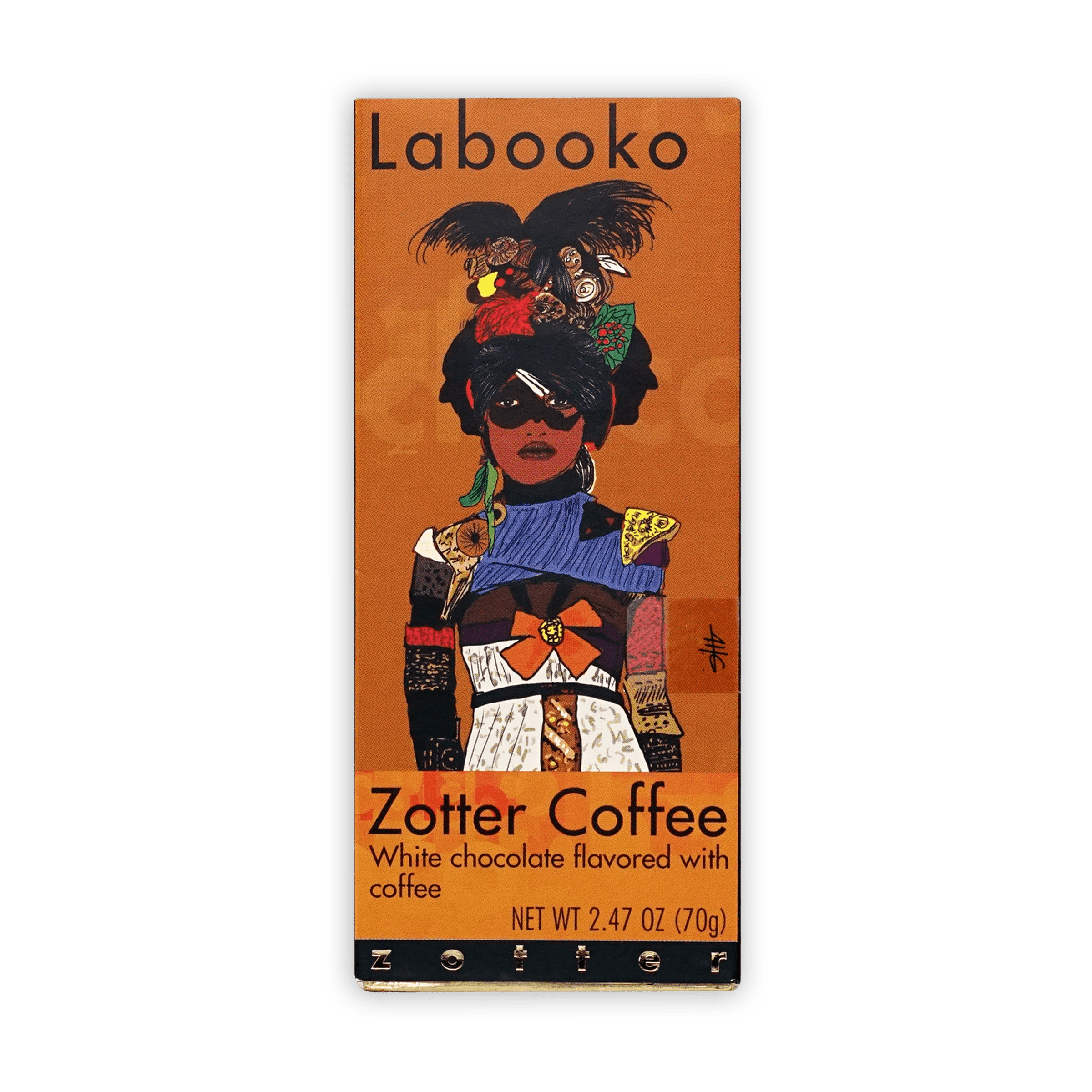 Labooko Zotter Coffee White Chocolate Bar with illustrated woman on orange packaging