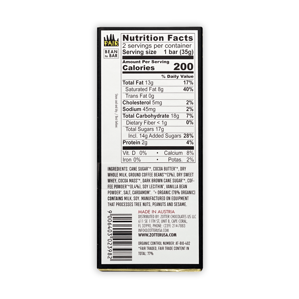 Back of Labooko Zotter Coffee Chocolate fair trade wrapper nutrition label