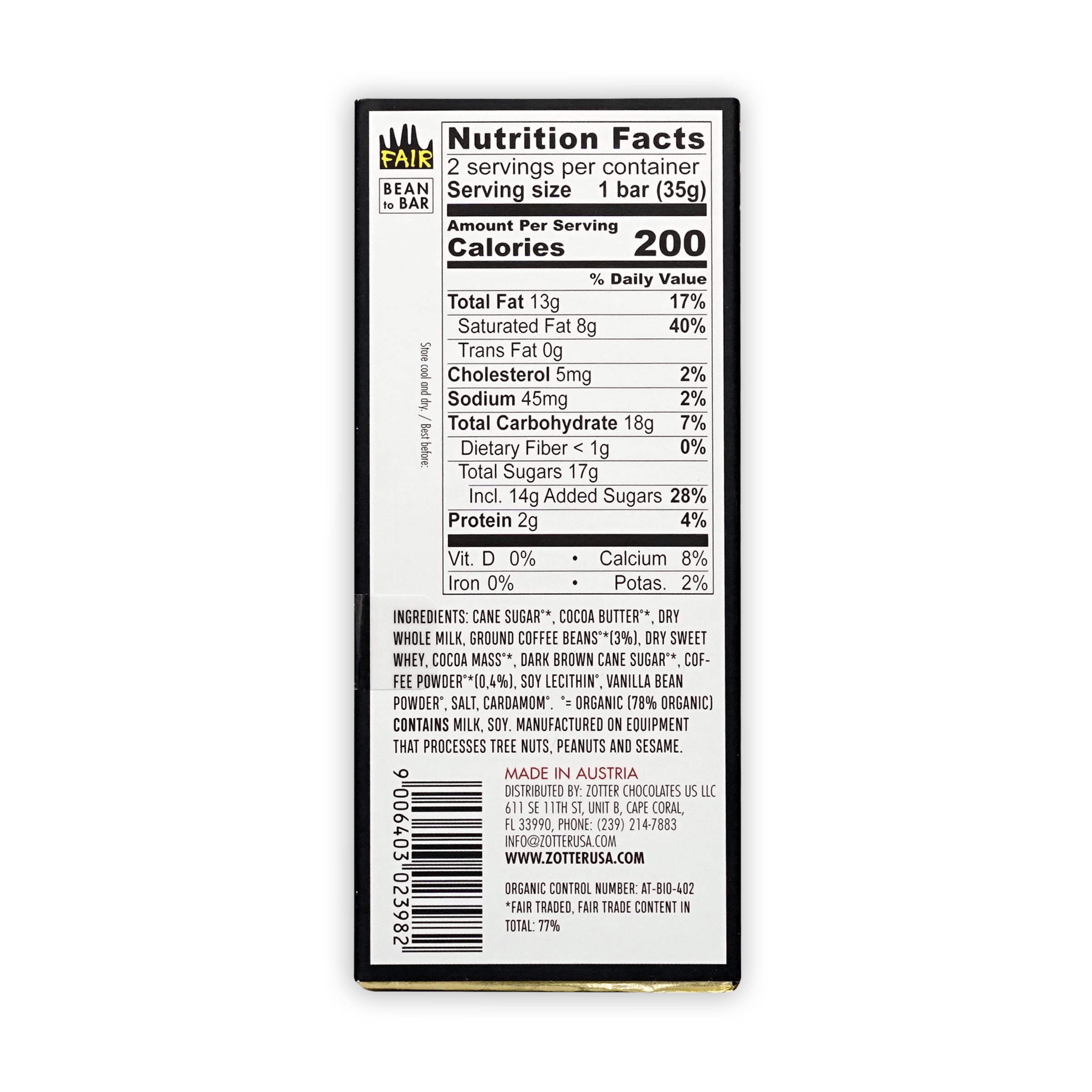 Back of Labooko Zotter Coffee Chocolate fair trade wrapper nutrition label