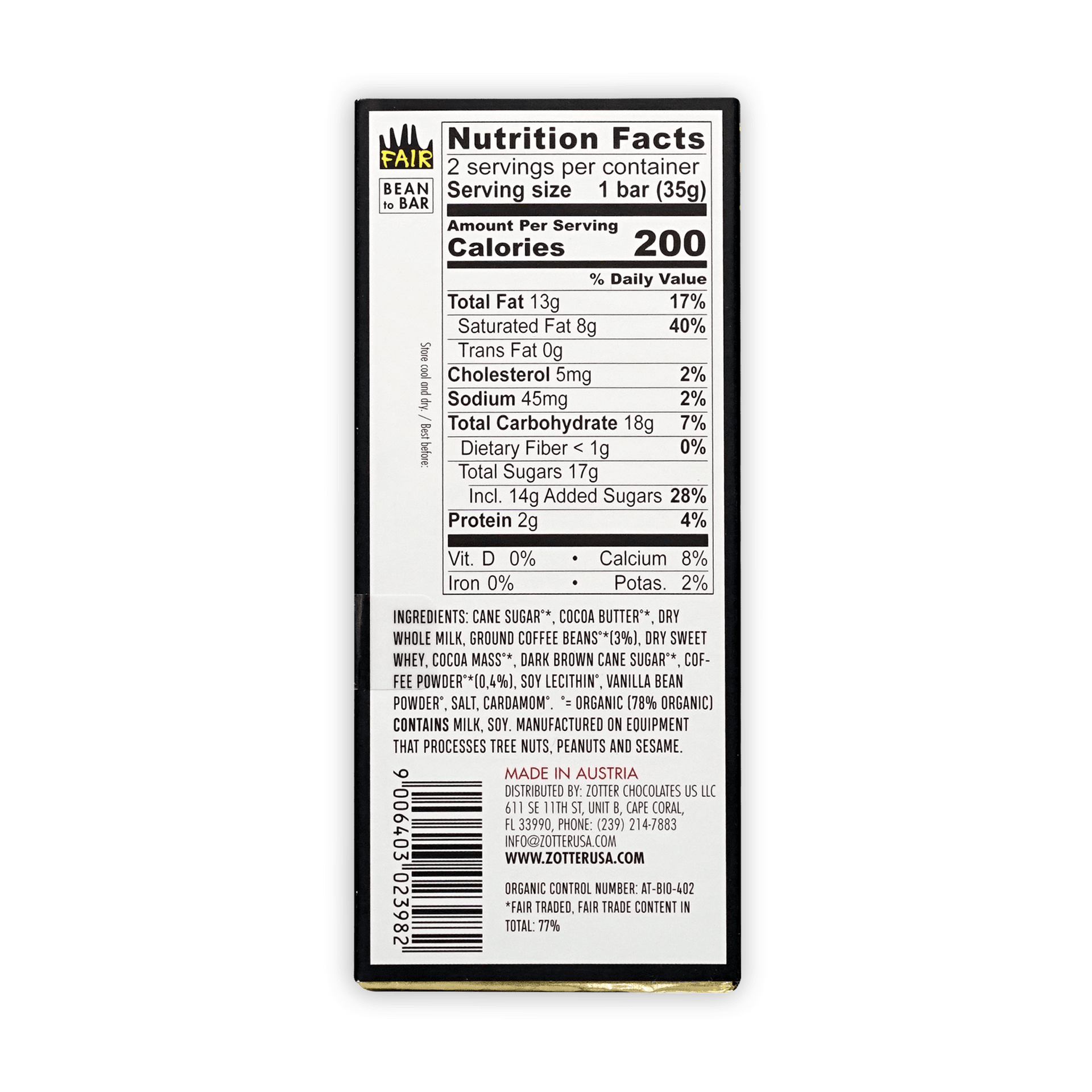 Back of Labooko Zotter Coffee Chocolate fair trade wrapper nutrition label