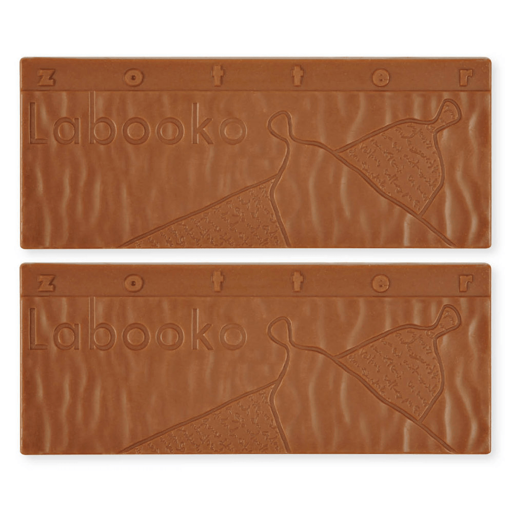 Two Labooko Zotter Coffee Chocolate bars with embossed dress design
