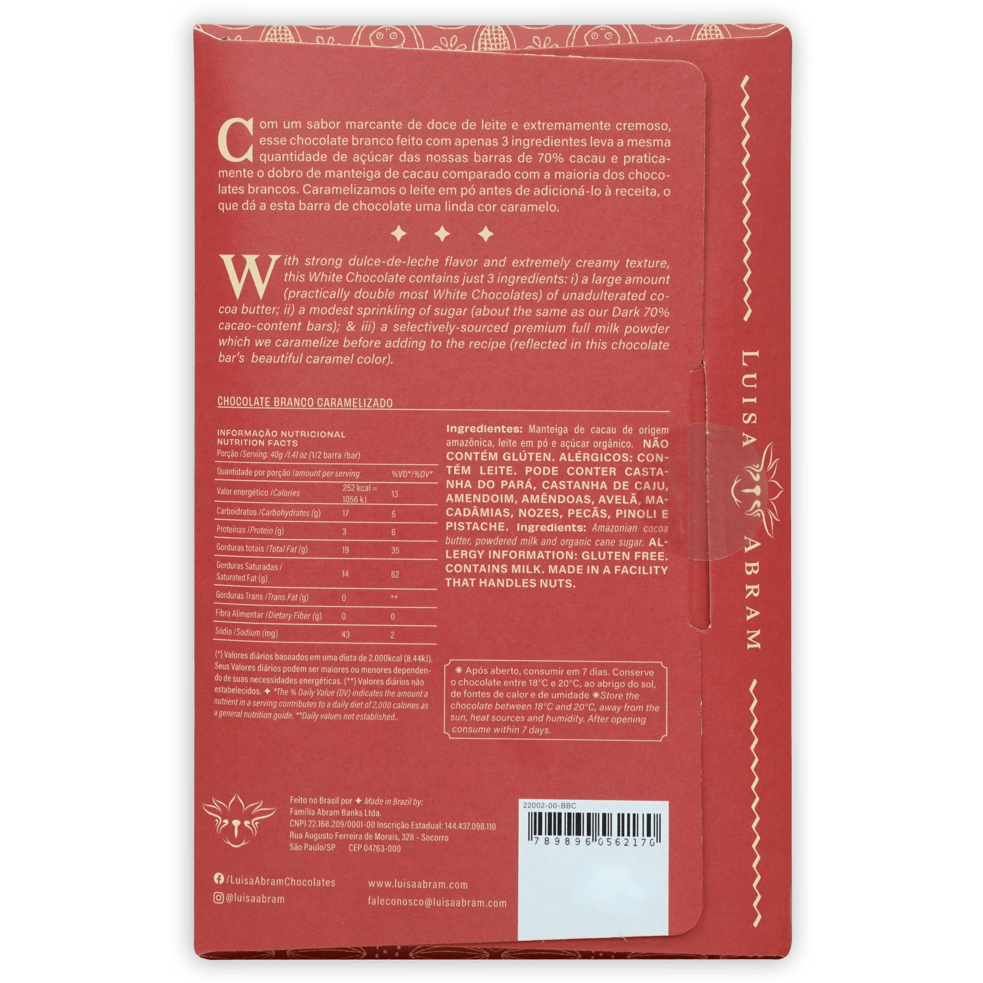 Luisa Abram Caramelized White Chocolate bar with red packaging and gold foil