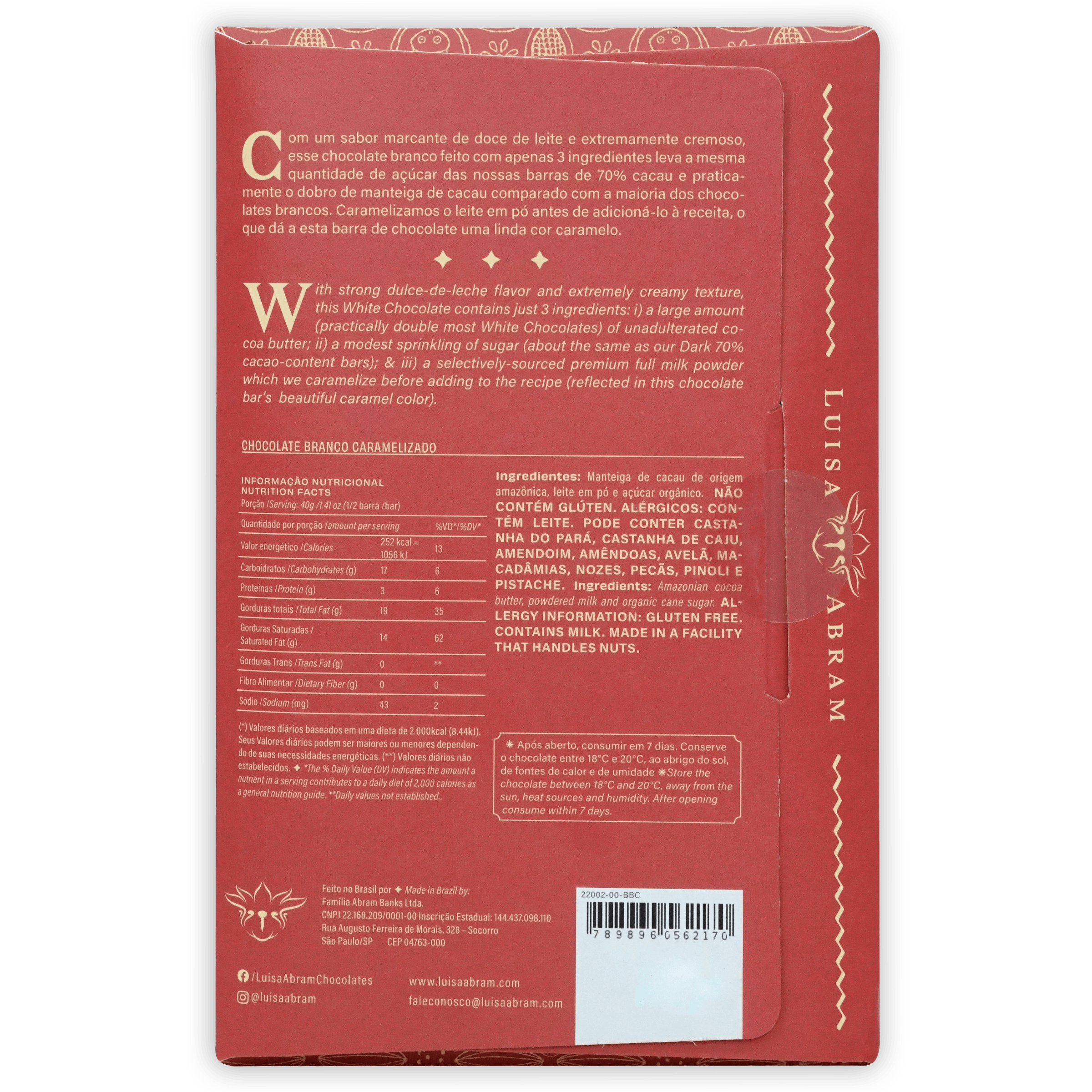 Luisa Abram Caramelized White Chocolate bar with red packaging and gold foil