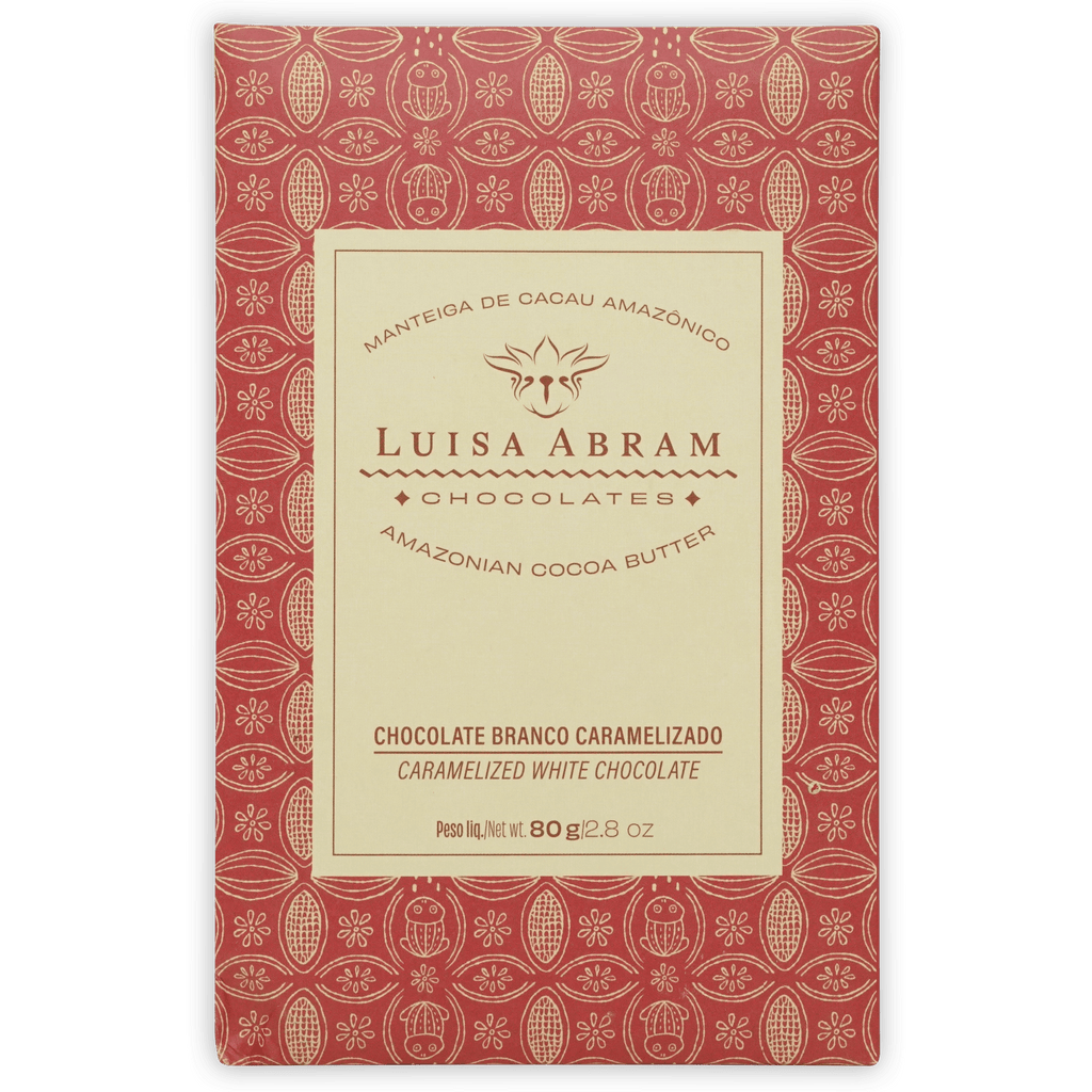Luisa Abram caramelized white chocolate rectangular package with red cream design