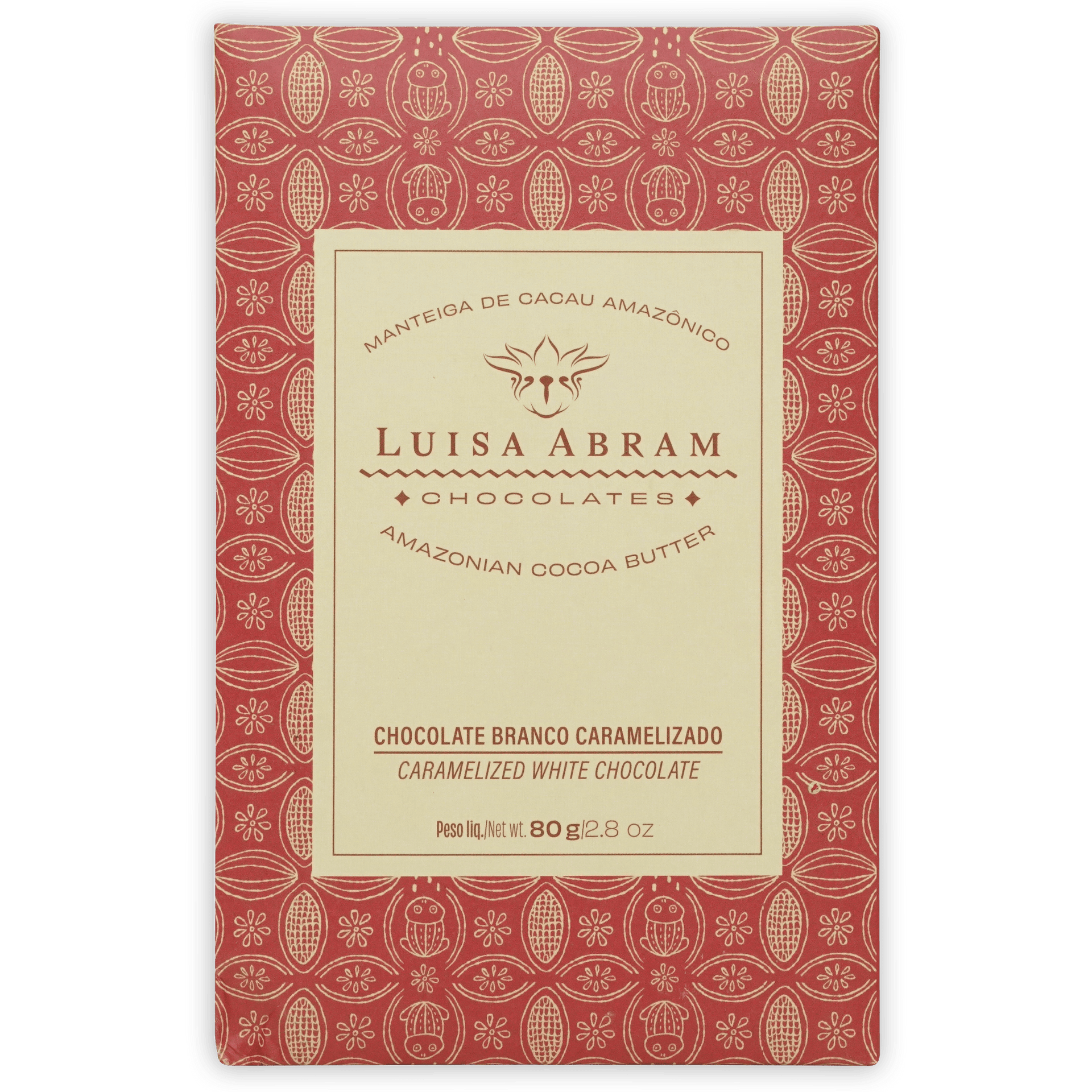 Luisa Abram caramelized white chocolate rectangular package with red cream design