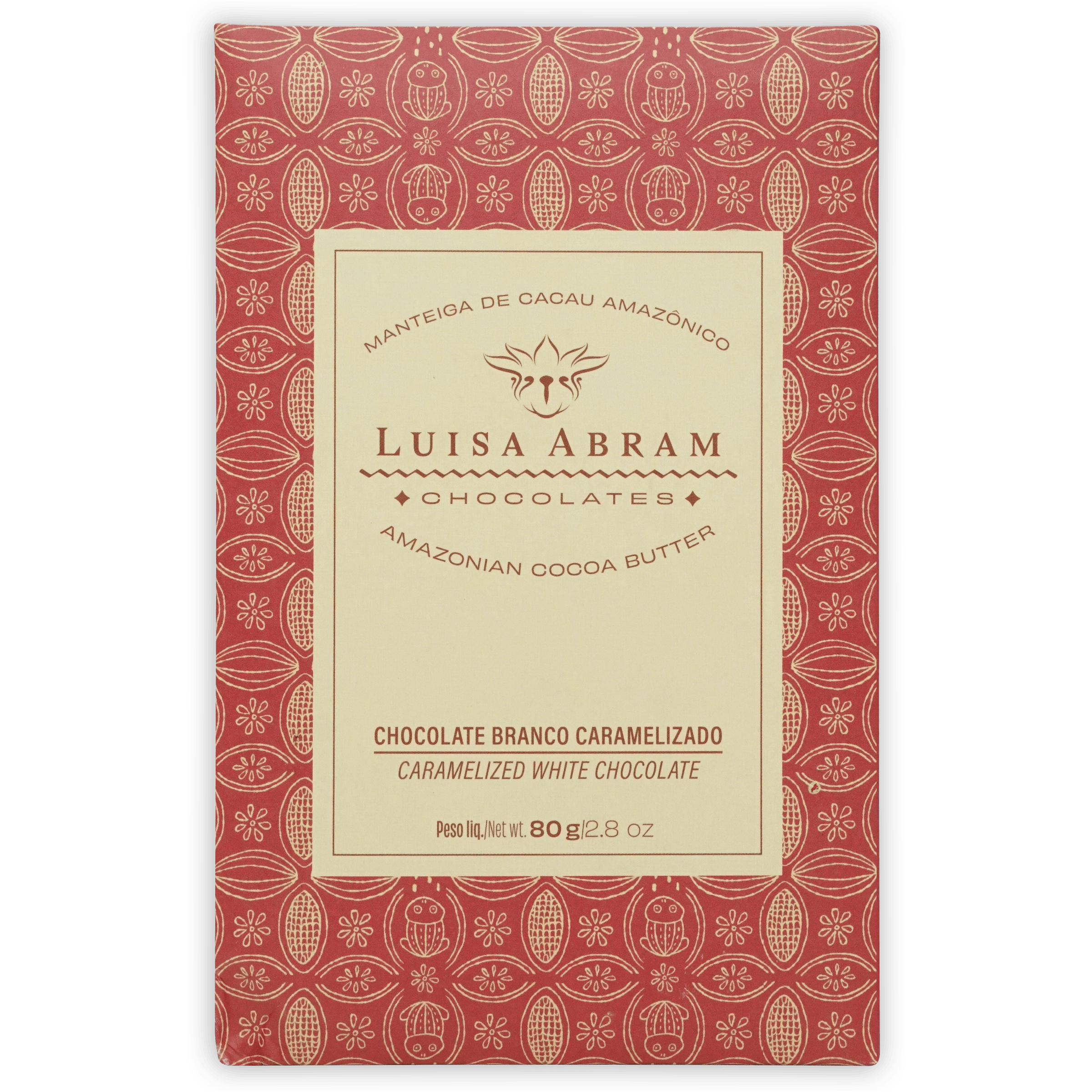Luisa Abram caramelized white chocolate rectangular package with red cream design