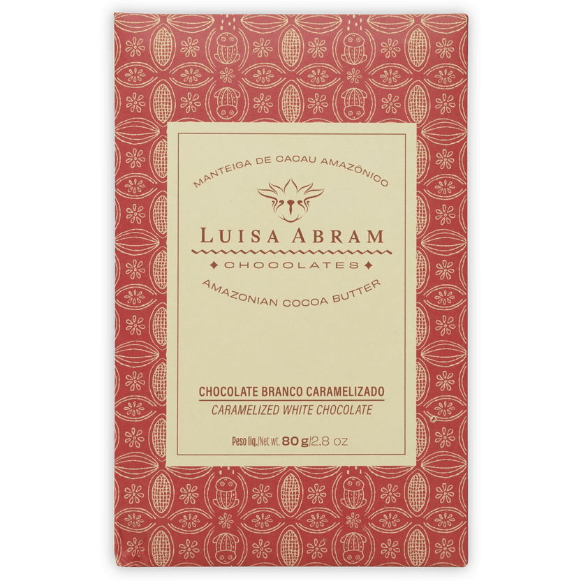 Luisa Abram caramelized white chocolate rectangular package with red cream design