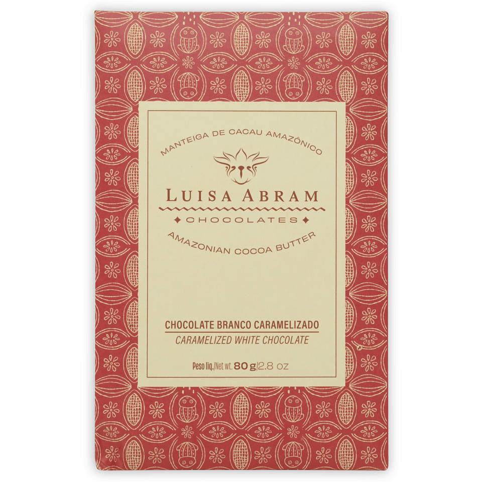 Luisa Abram caramelized white chocolate rectangular package with red cream design