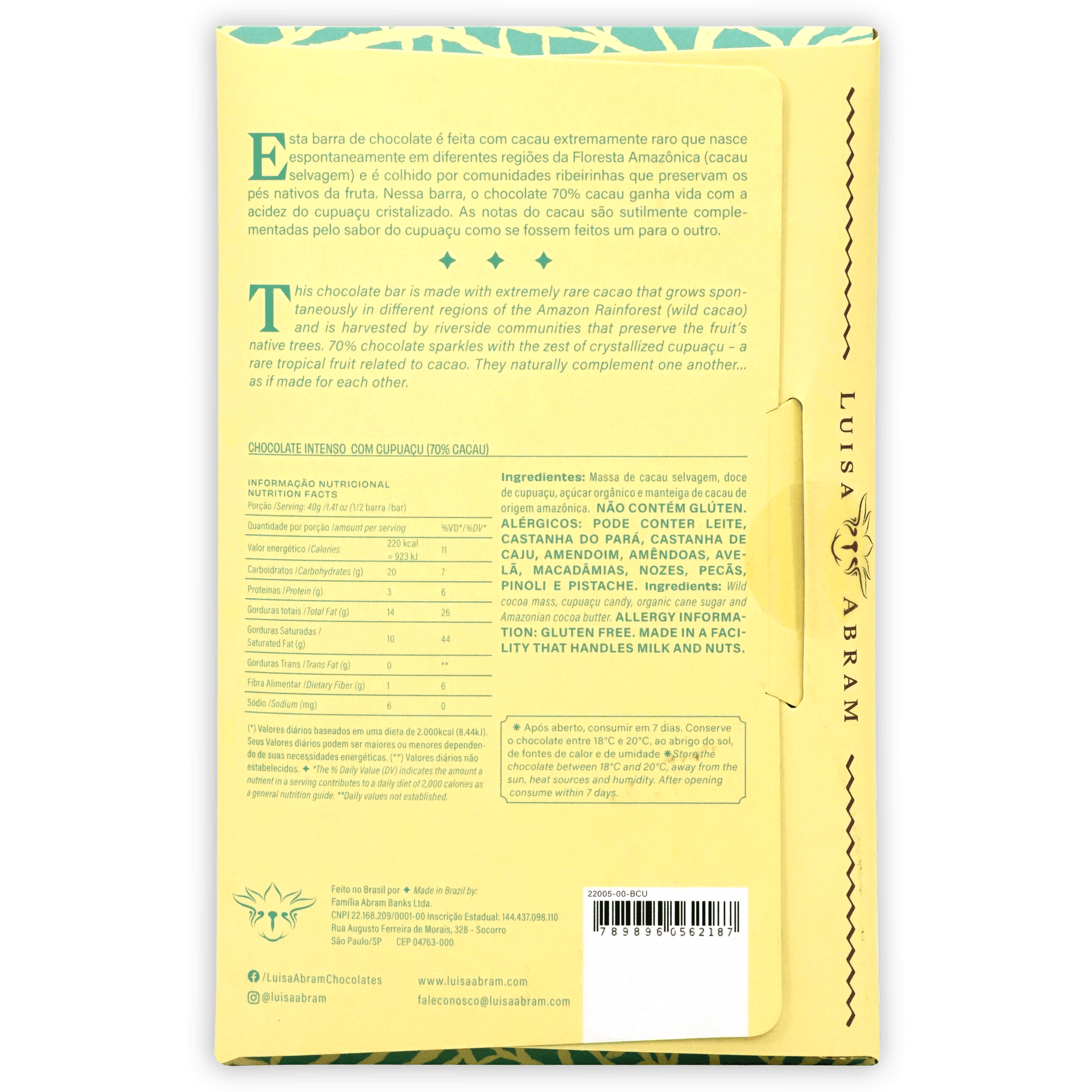 Luisa Abram dark chocolate with cupuacu yellow wrapper, teal border, bilingual text