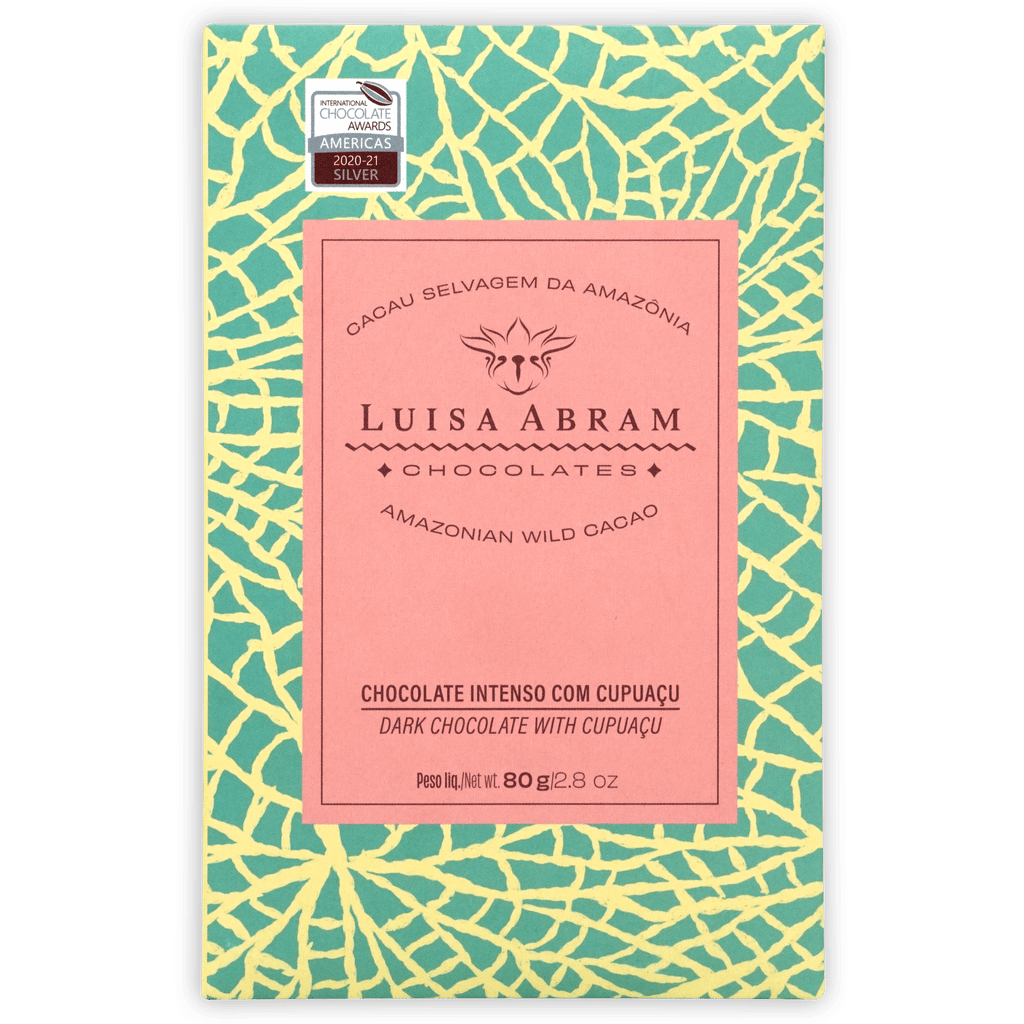 Luisa Abram dark chocolate with cupuaçu, pink label, turquoise yellow cracked wrapper, silver award seal