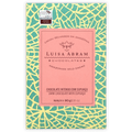 Luisa Abram dark chocolate with cupuaçu, pink label, turquoise yellow cracked wrapper, silver award seal