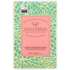 Luisa Abram dark chocolate with cupuaçu, pink label, turquoise yellow cracked wrapper, silver award seal