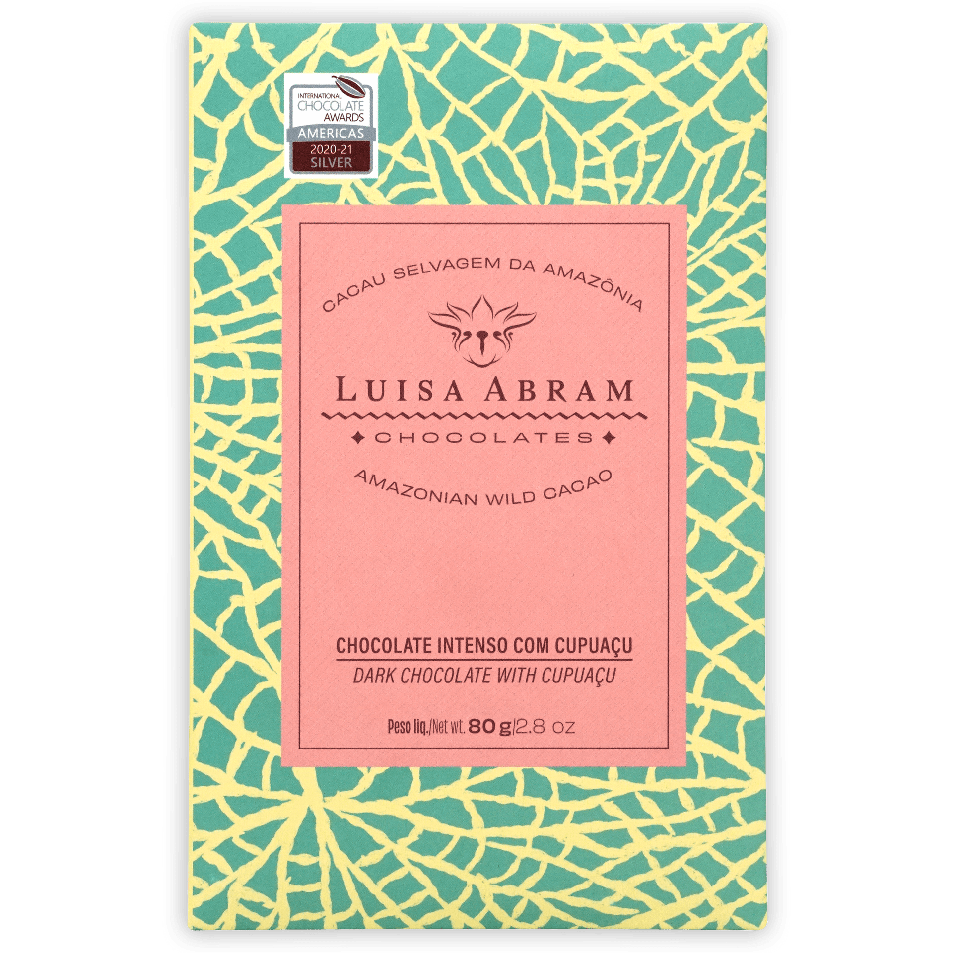 Luisa Abram dark chocolate with cupuaçu, pink label, turquoise yellow cracked wrapper, silver award seal