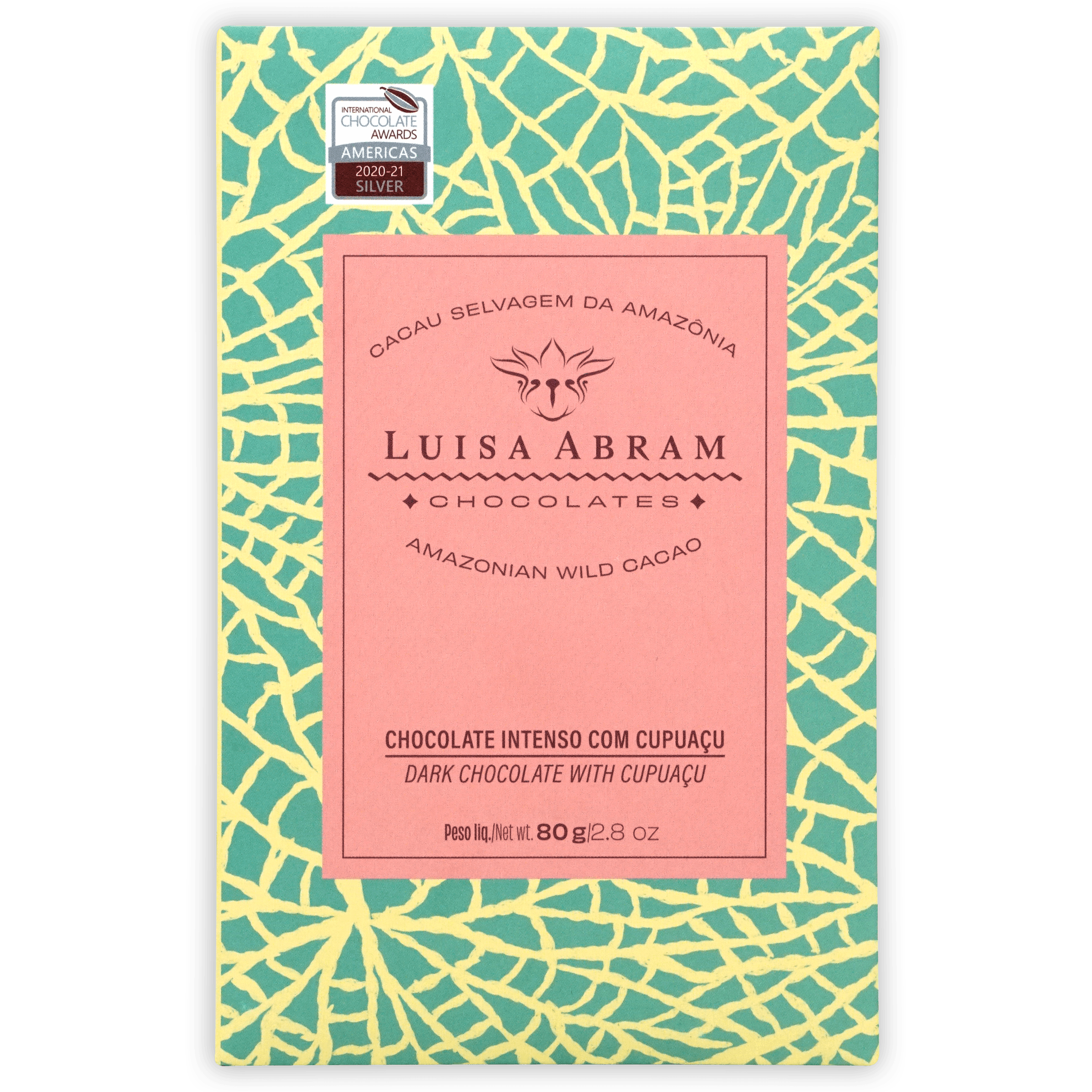Luisa Abram dark chocolate with cupuaçu, pink label, turquoise yellow cracked wrapper, silver award seal