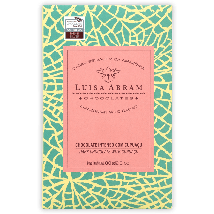Luisa Abram dark chocolate with cupuaçu, pink label, turquoise yellow cracked wrapper, silver award seal