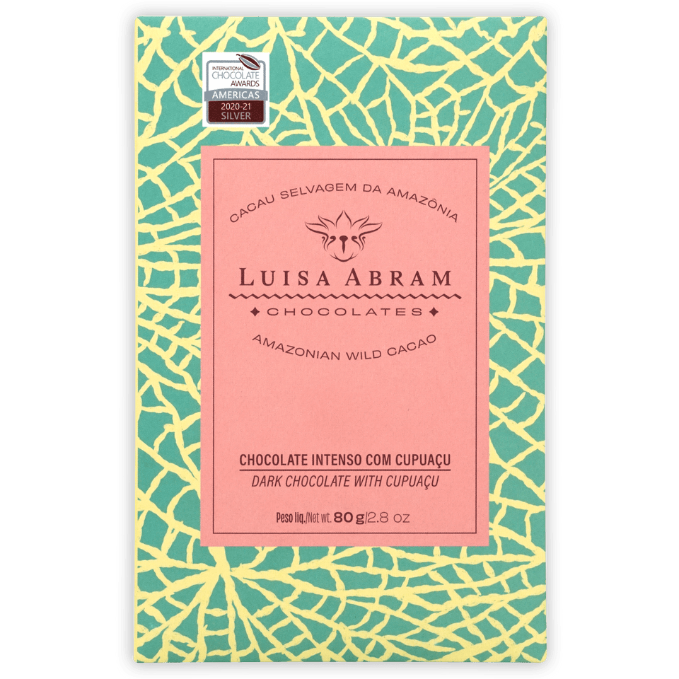 Luisa Abram dark chocolate with cupuaçu, pink label, turquoise yellow cracked wrapper, silver award seal