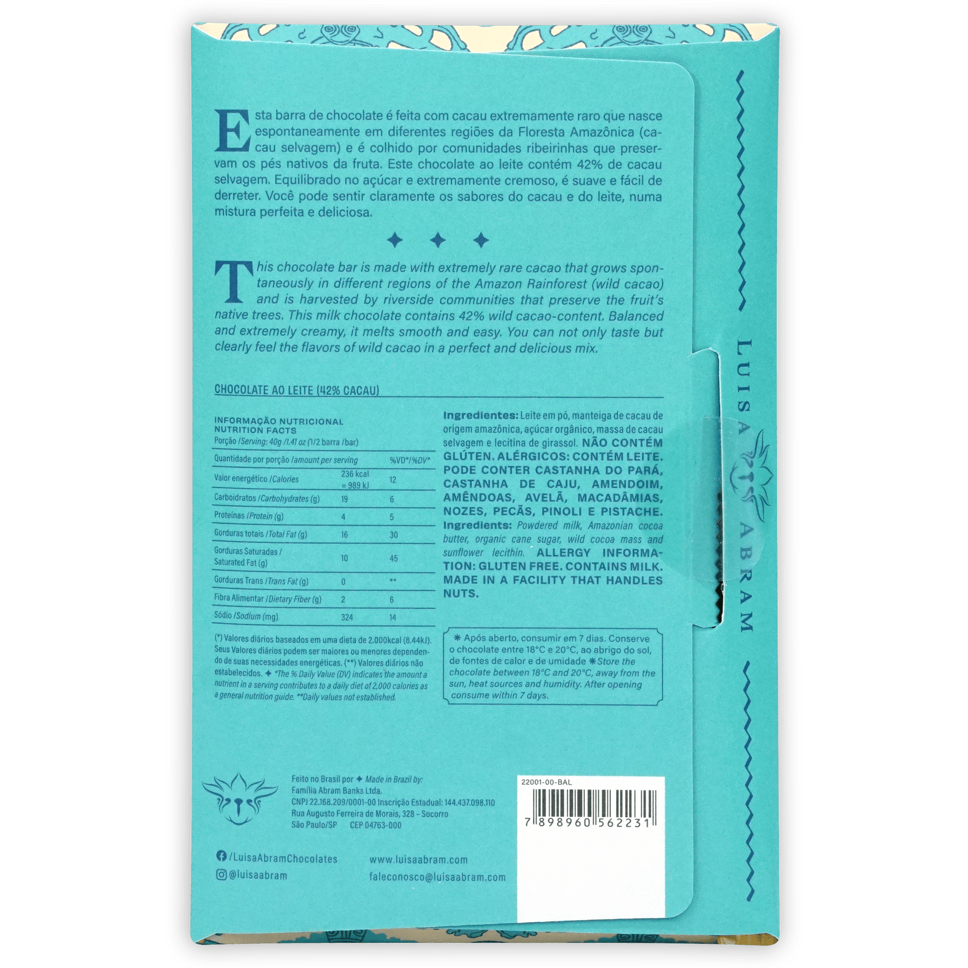 Luisa Abram Milk Chocolate turquoise wrapper with white text border
