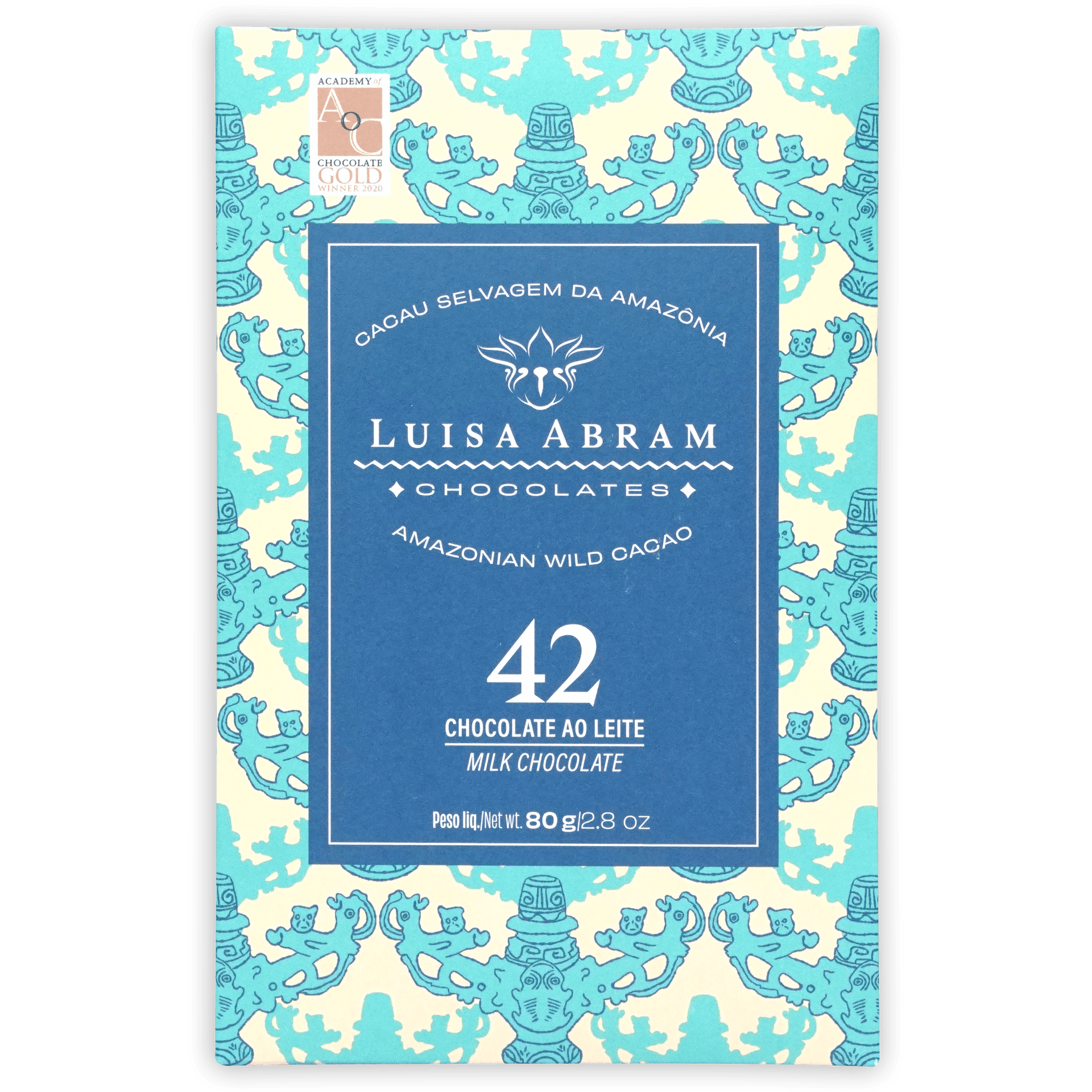 Luisa Abram Milk Chocolate bar in blue cream wrapper with turquoise Amazonian pattern